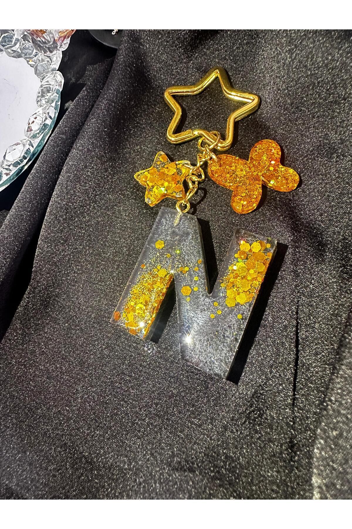 epoksiya N Harf Antrasit Gri Renk Gold Glitter Pullu Yıldız Halka Kancalı Epoksi Harf Anahtarlık Hediyelik