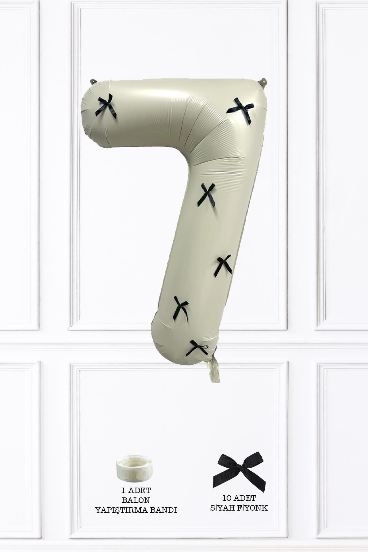 PEKSHOP 7 Yaş Siyah Fiyonklu Retro Krem Rakam Balon 80 Cm Siyah Kurdeleli