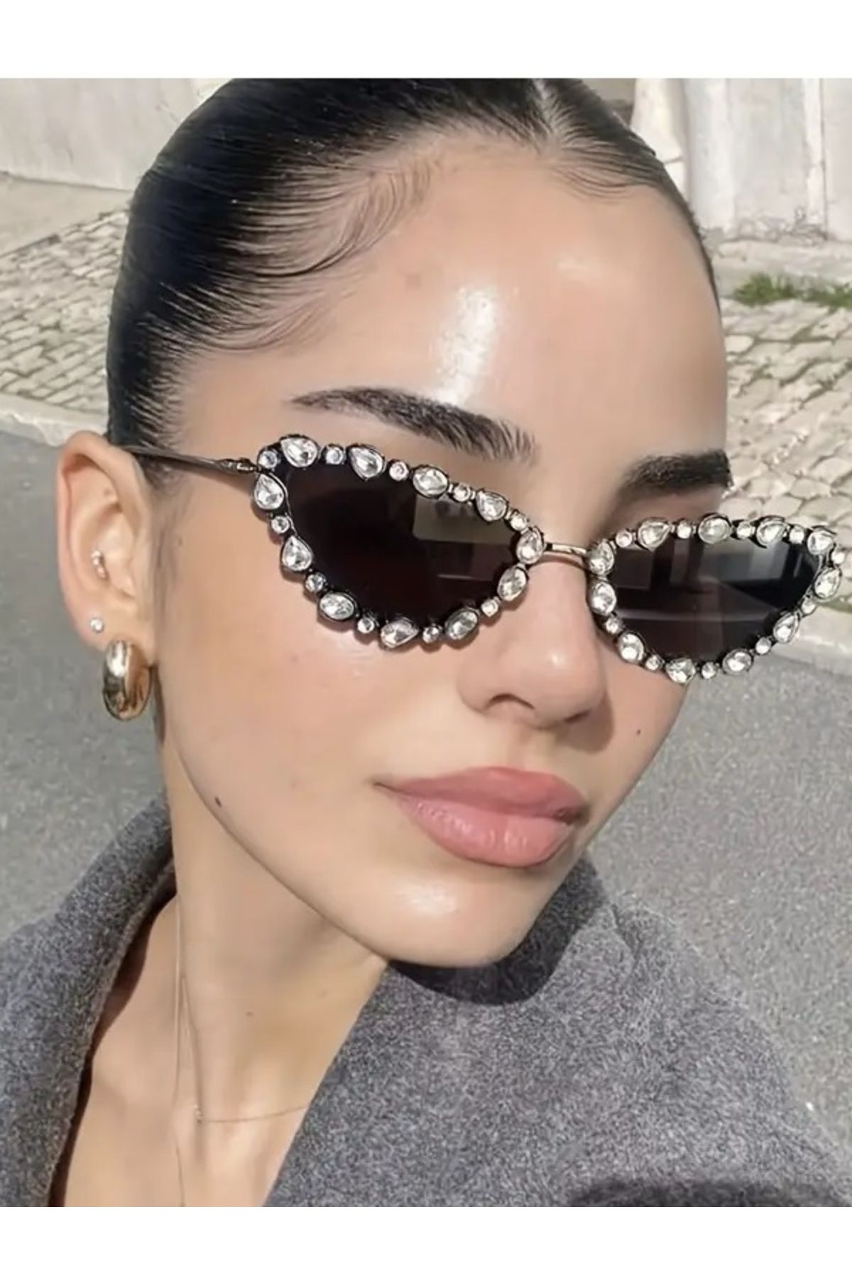 BirYıldızOl Cat Eye Kristal Taşlı Tasarım Metal Çerçeveli Güneş Gözlüğü