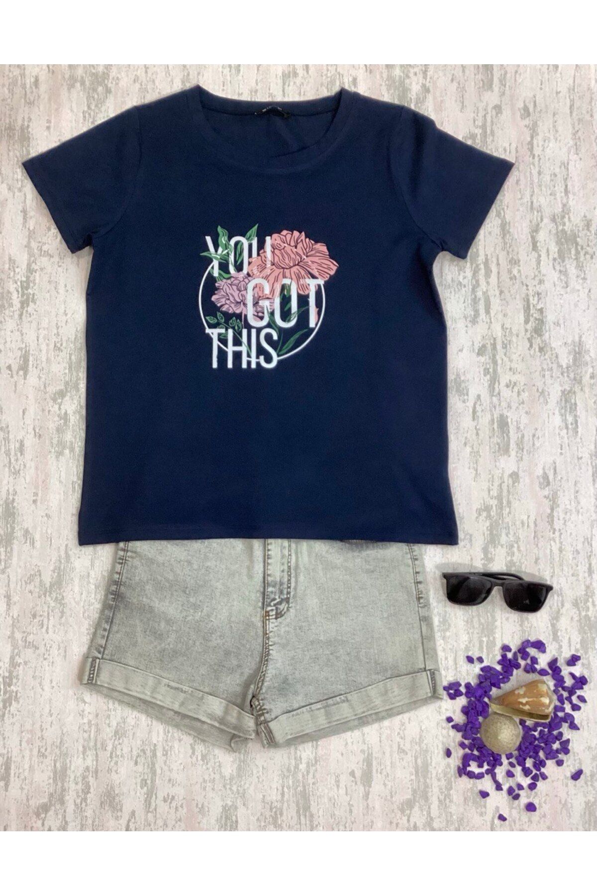 Wiges Kadın Bisiklet Yaka Desenli Özel Tasarım T-shirt