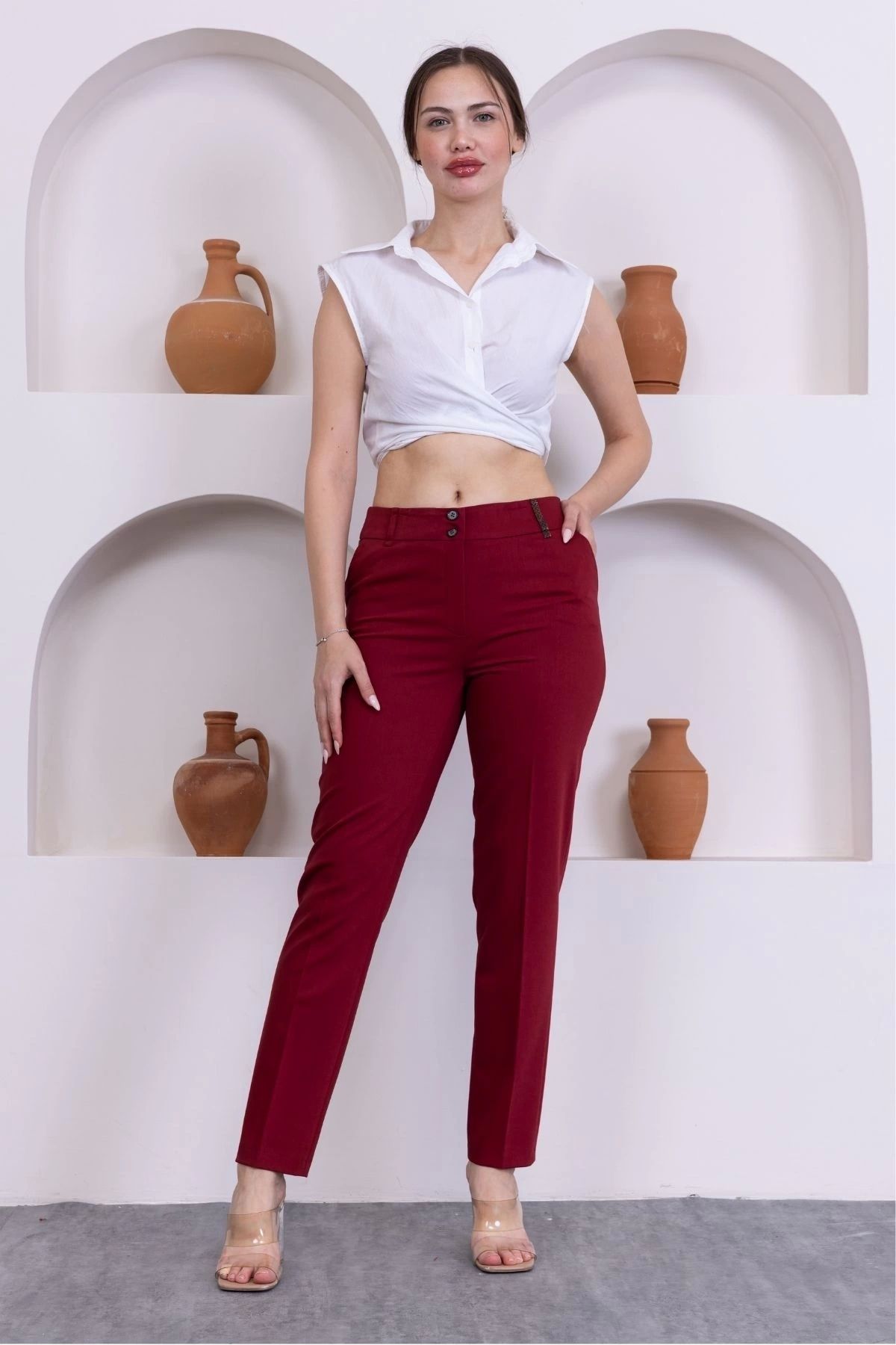 lodmela-Leather Detailed Pocket Ankle Length Trousers 3146-Burgundy 1