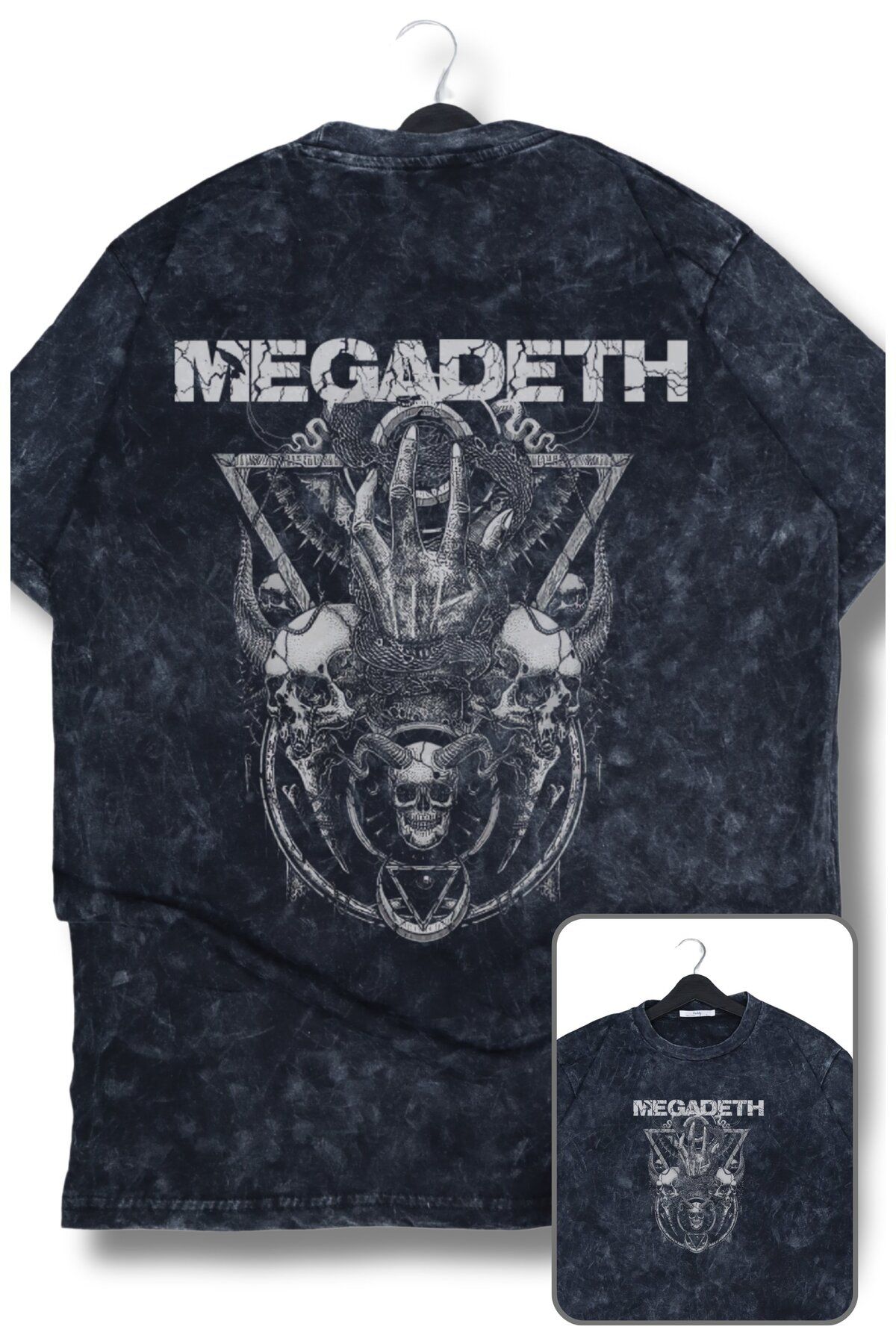 Fuddy Moda Oversize İskelet Megadeth Sırt Baskılı Yıkamalı T-Shirt, Unisex Rock Band Temalı Tişört