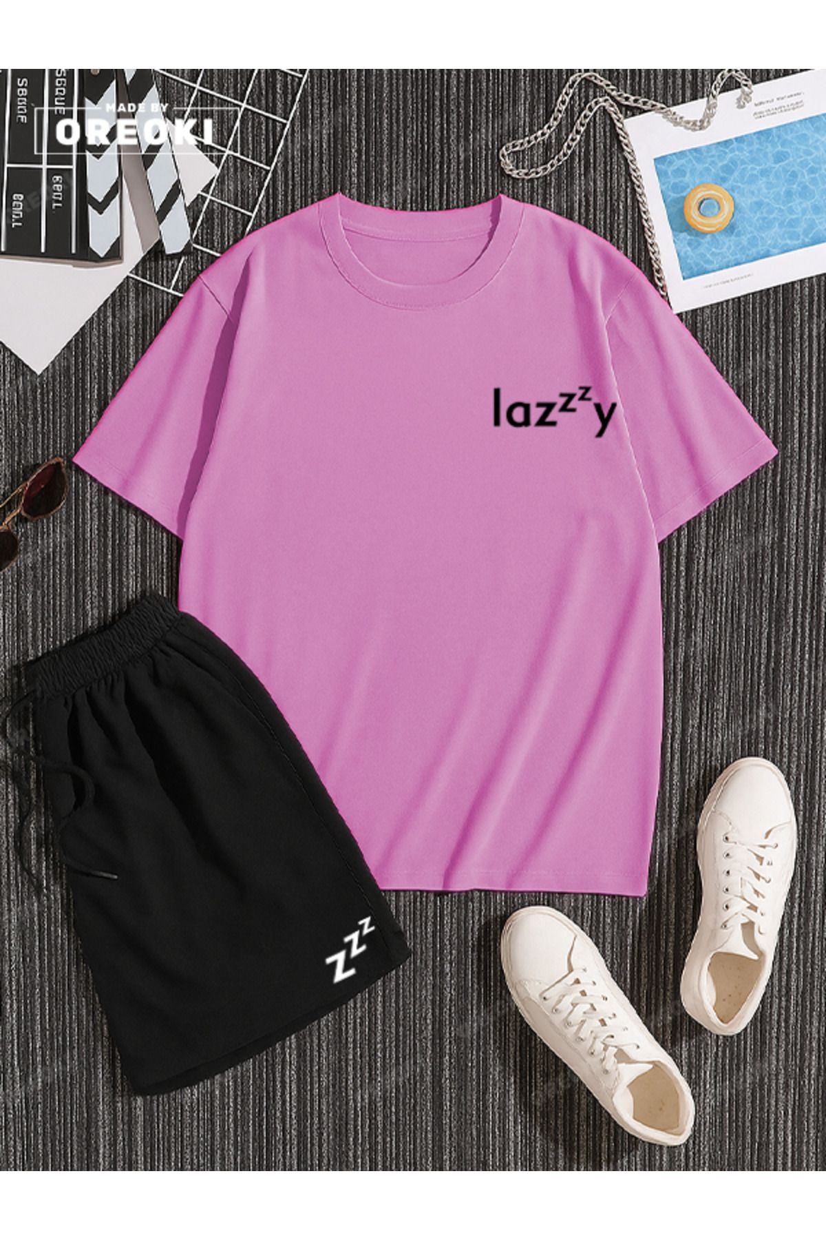 EFFRENATU Lazzzy Baskılı Pamuklu Unisex Pembe Tişört-Siyah Şort Takım