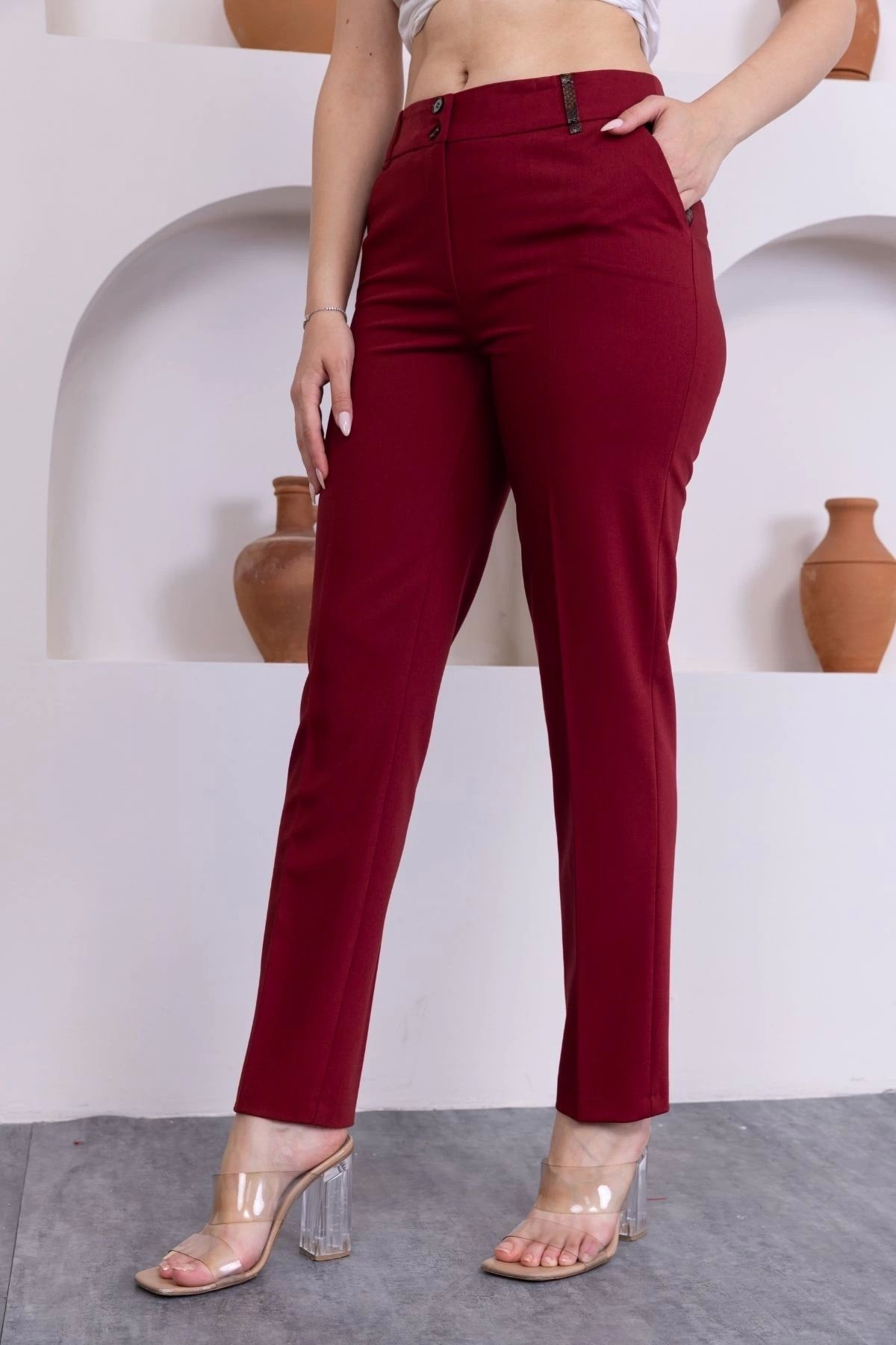 lodmela-Leather Detailed Pocket Ankle Length Trousers 3146-Burgundy 4