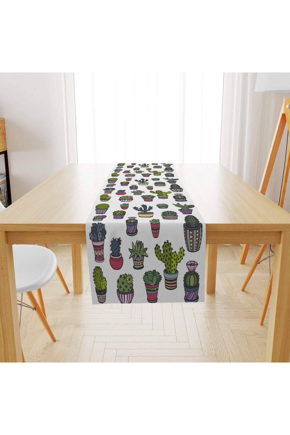 Elioure Yeşil Kaktüs Dijital Baskılı Runner 40x140cm, şık ve canlı ev dekoru.