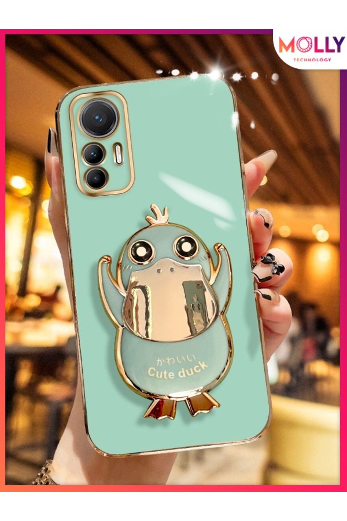 Molly Xiaomi Mi 12 LİTE İçin Su Yeşili Sevimli Ördek Standlı Kenarları Gold Detaylı Lüks Silikon Kılıf