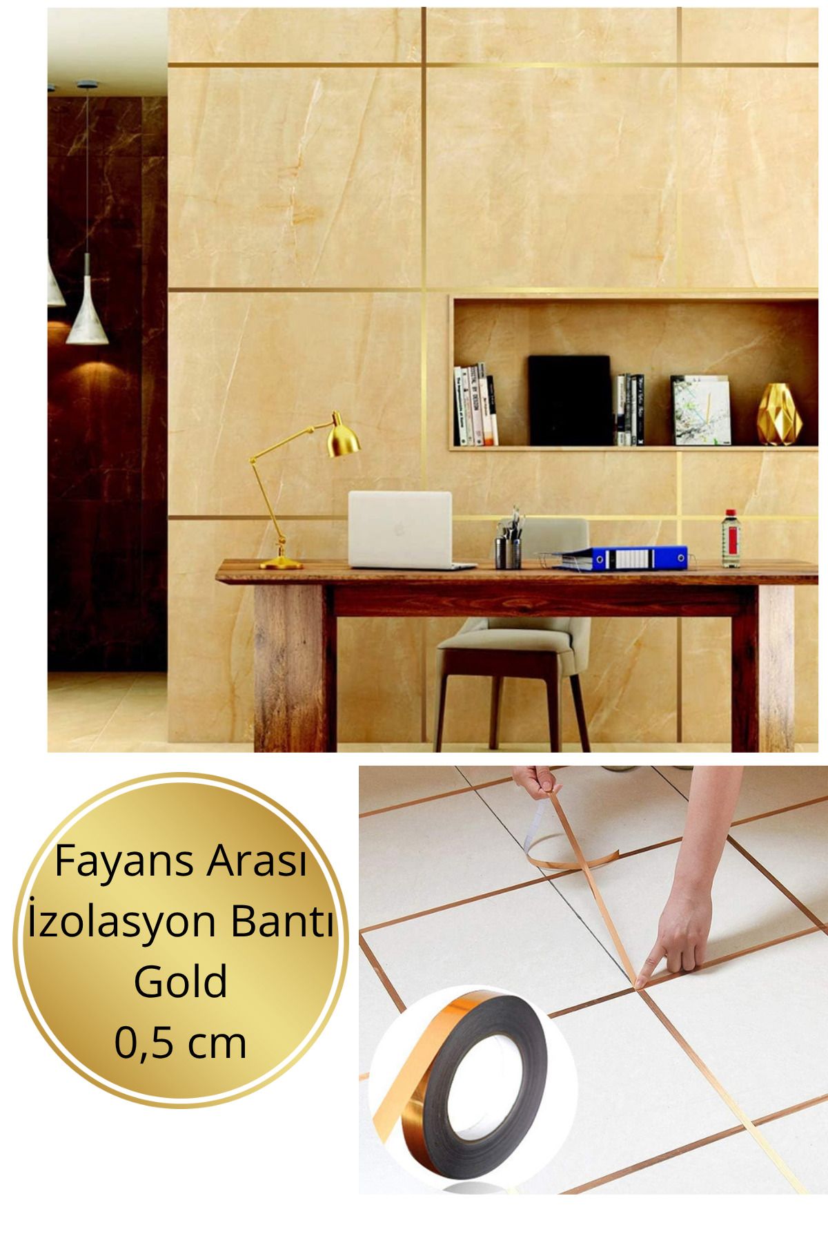 Shopura 0.5 Cm 50 Metre Gold Fayans Arası Yapışkanlı Şerit Bant | Dez Bandı