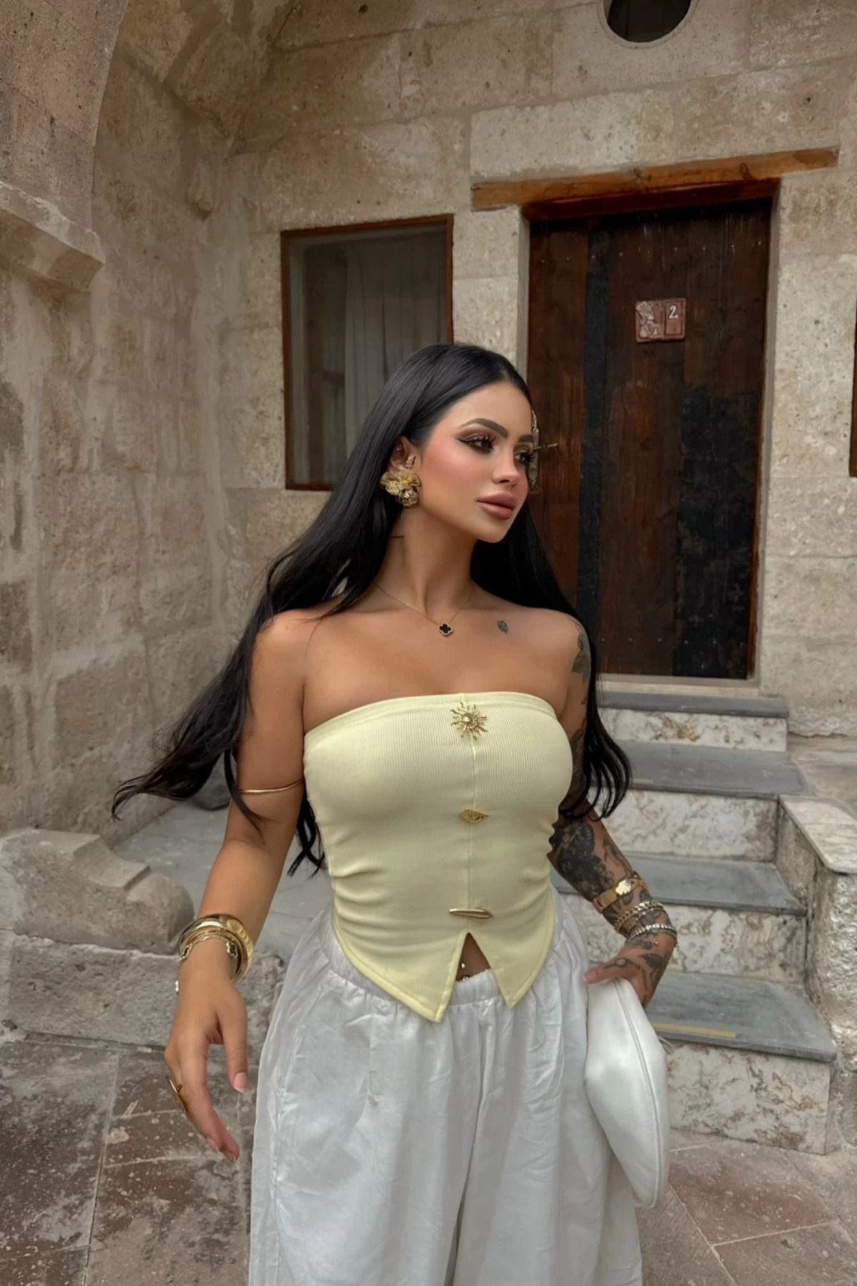 MOZENA Straplez Aksesuar Detaylı Ottoman Crop Bluz