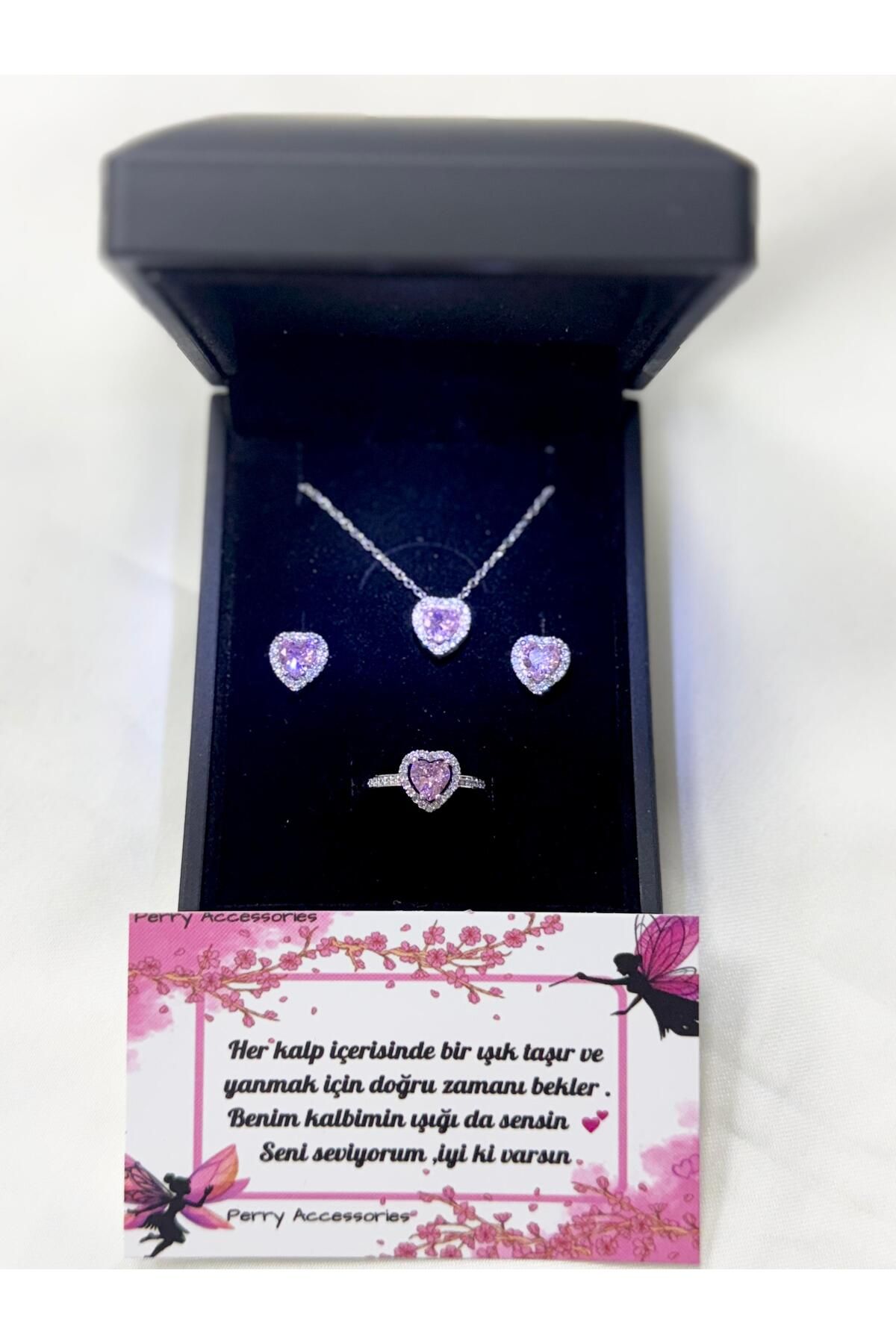 Perry Accesories özel ışıklı kutuda pembe kalp kolye küpe yüzük kararmaz çelik kuğu kolye sevgiliye hediye kolye