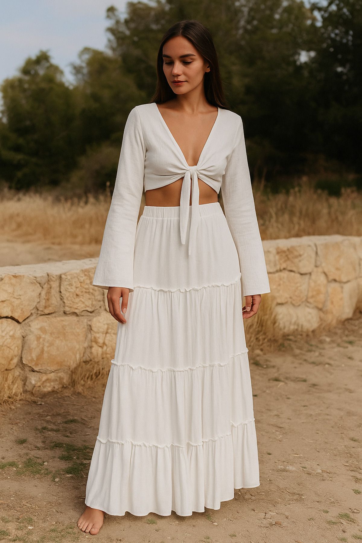 Misue Handmade Premium Kalite Bağlamalı Bluz, İspanyol kollu Crop Bağlamalı Bluz, %100 Pamuk Yazlık Şile Bezi Bluz