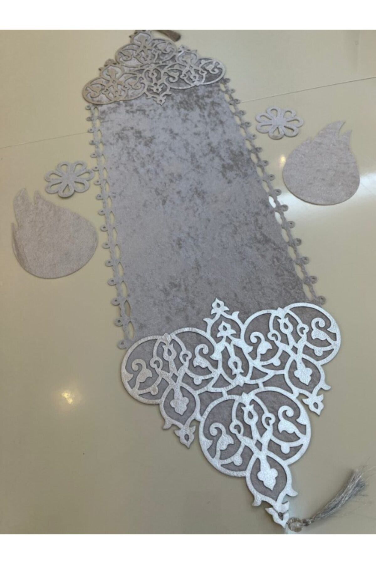 Elioure Kadife Üzerine Varak İşlemeli Lale ve Çiçek Motifleri Hediye, 100x31cm, Gri Gümüş