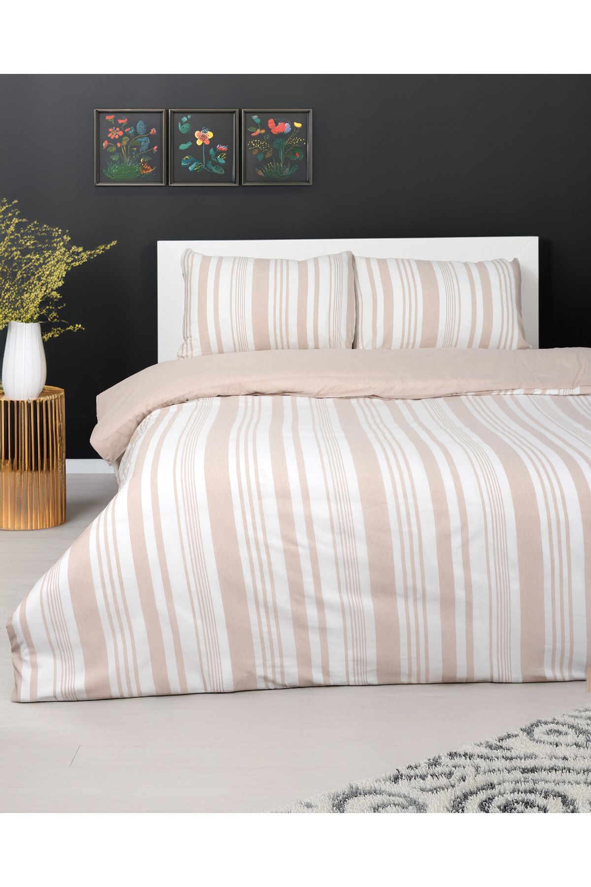Gloriys Home & Decor Çizgili desen bohem çift kişilik nevresim takımı çift taraflı kullanımlı çarşafı düz cappucino renk