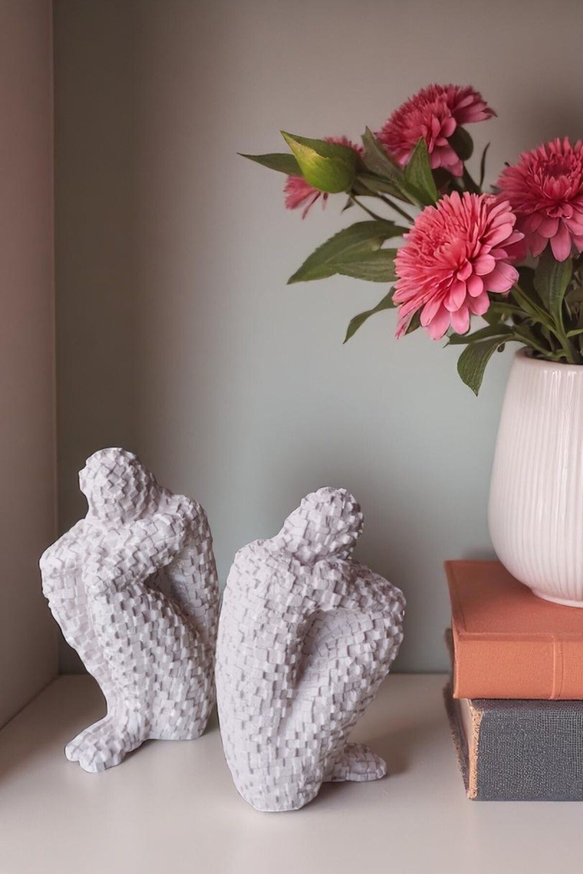 FS CANDLE & HOME Decoration - Accesories 2 Adet Sessizlik Selâmı Minimalist Beton Mozaik Heykel, Masa Süsü, Minyatür Figür, Kitap Tutucu