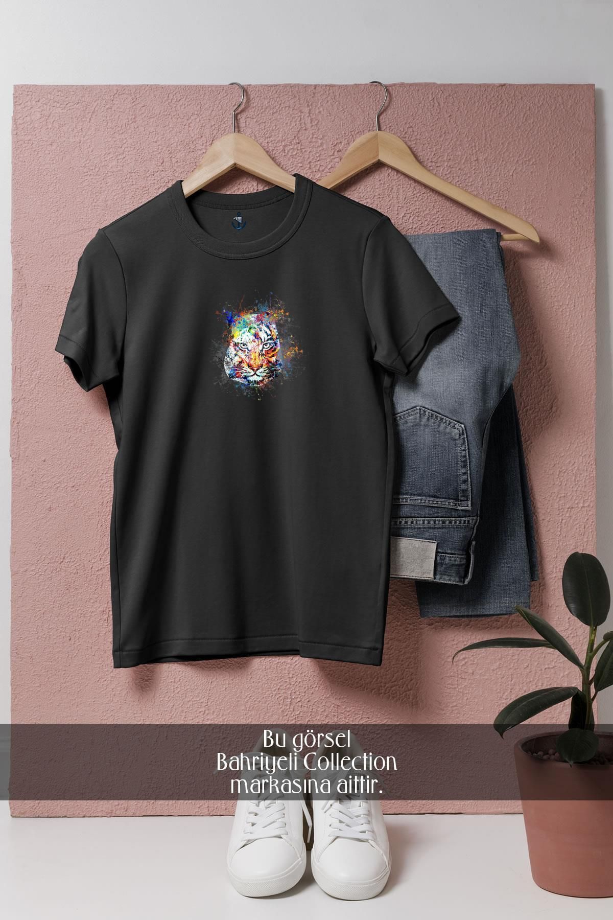 bahriyeli.jpeg Oversize Renkli Kaplan Görseli Tasarımlı Unisex T-Shirt