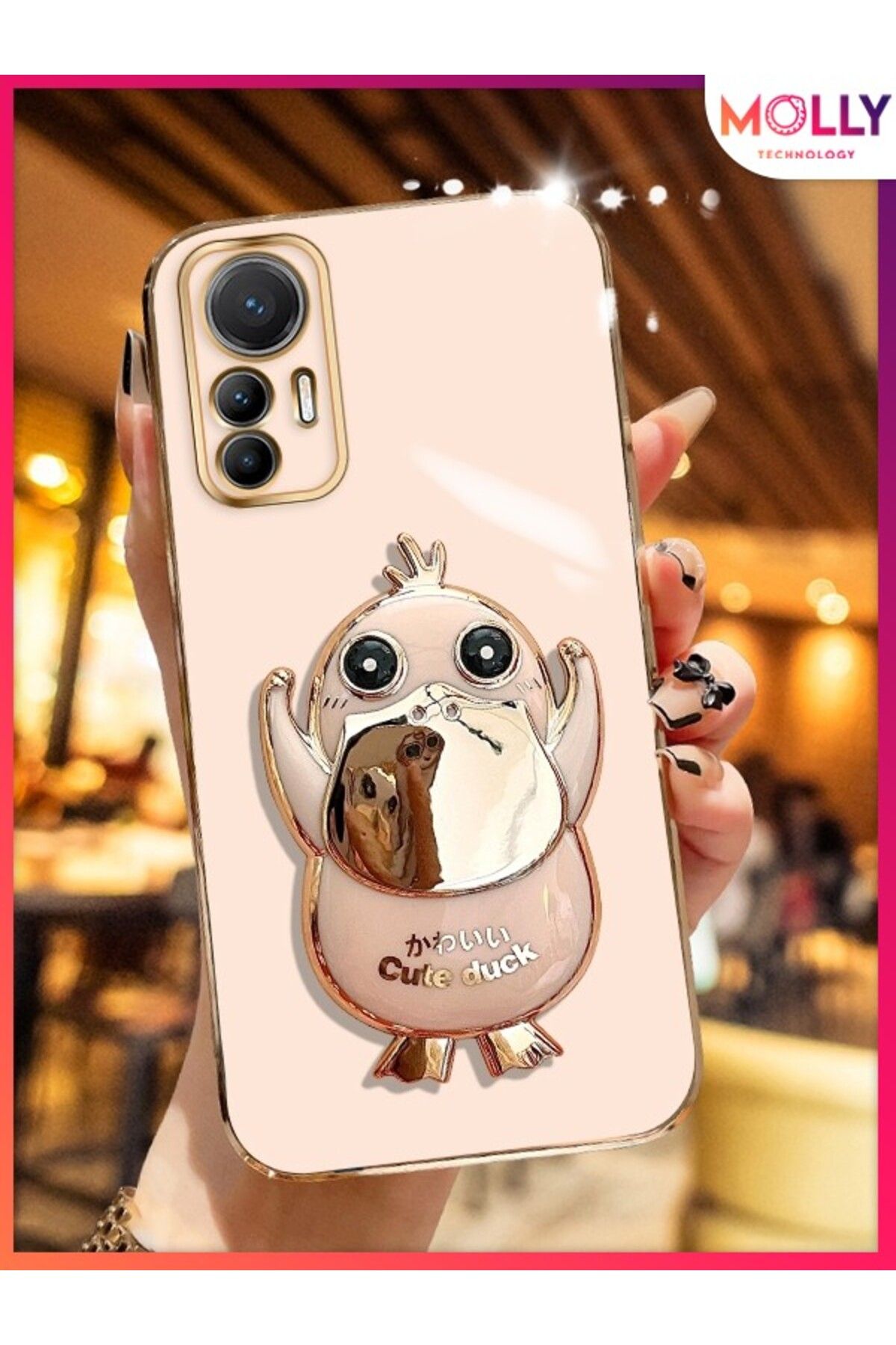 Molly Xiaomi Mi 12 LİTE İçin Rose Sevimli Ördek Standlı Kenarları Gold Detaylı Lüks Silikon Kılıf
