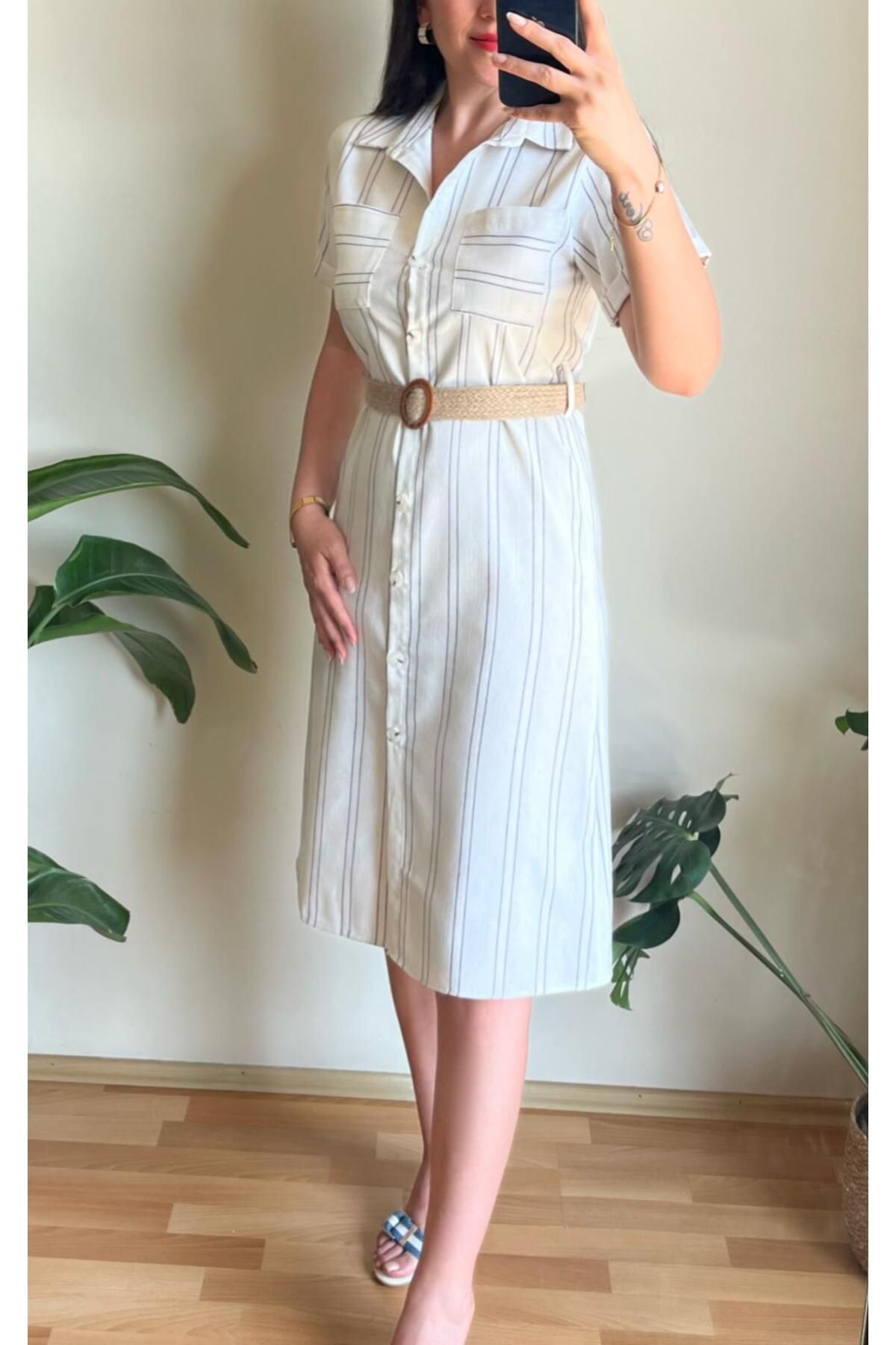 Butik ÇİZGİLİ DÜĞMELİ ELBİSE