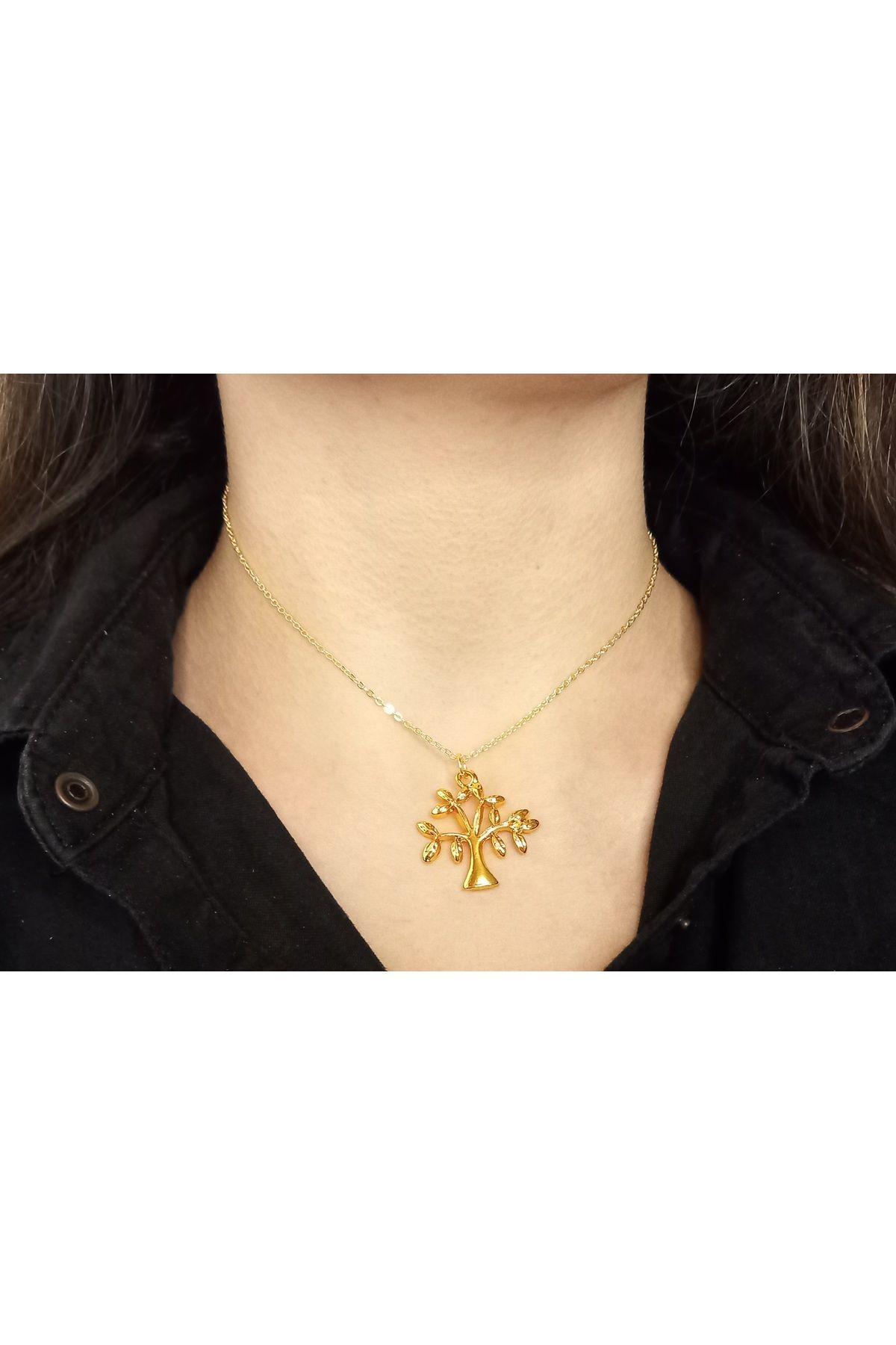 Crystal Atelier Hayat Ağacı Figürlü Altın Kaplama Çelik Kolye-Hayat Ağacı Kolye-Gold Hayat Ağacı Sevgili Aşk Kolye