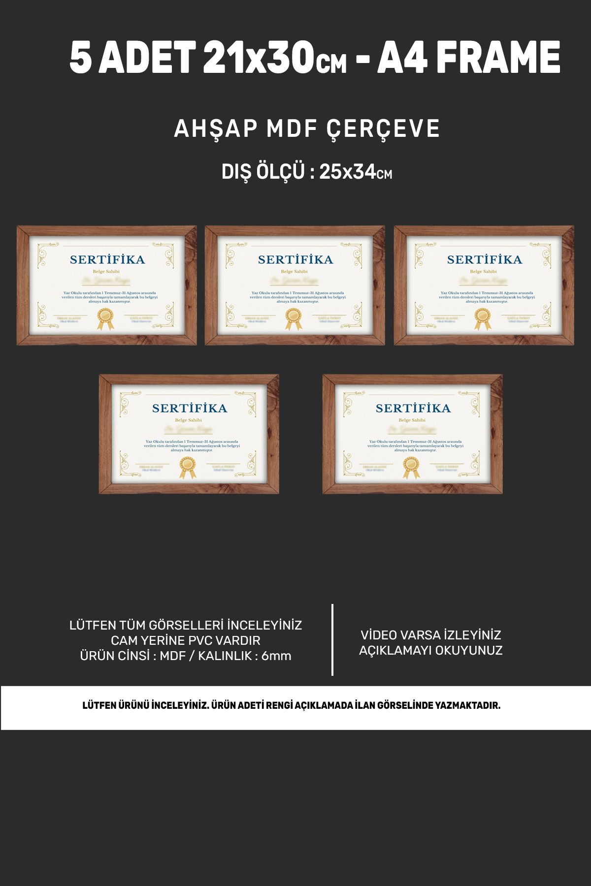 Elioure Ahşap A4 Çerçeve 21x30, Belge ve Sertifika için 5'li set, kahverengi