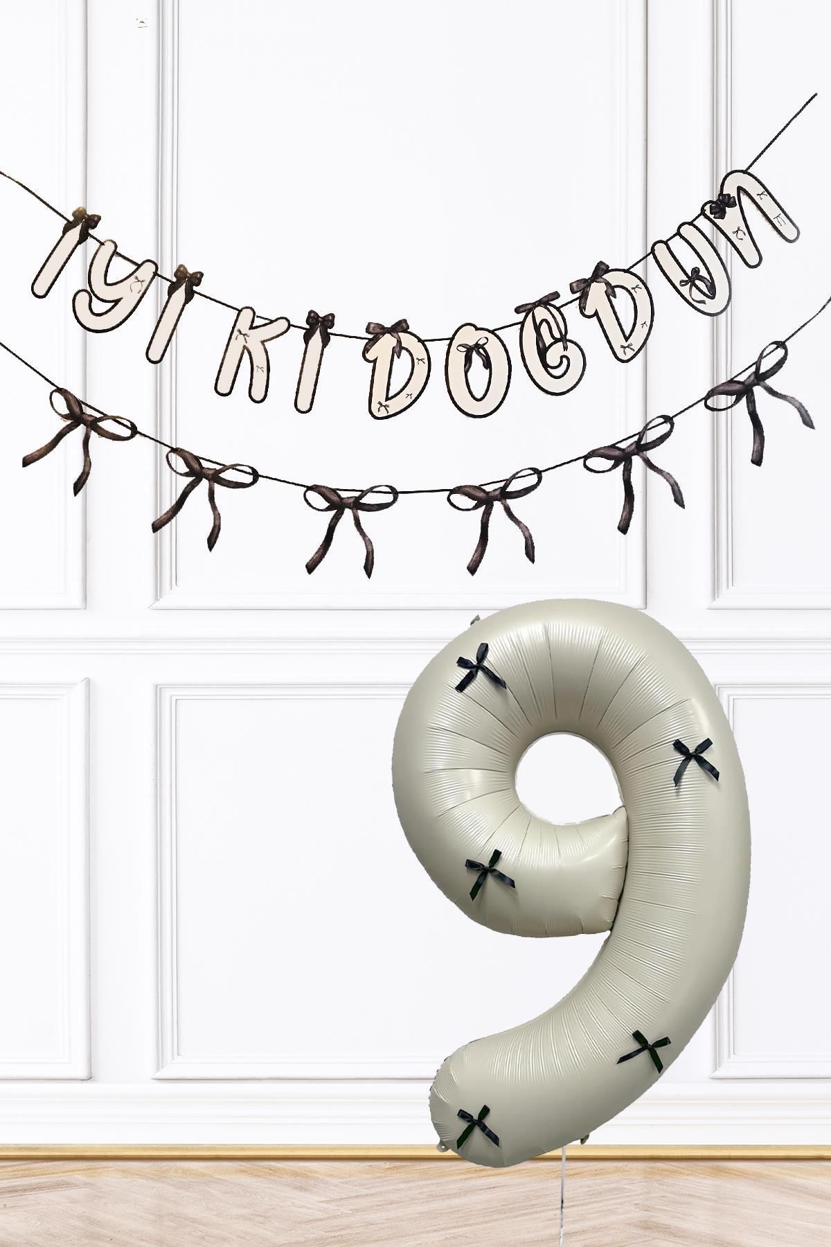 PEKSHOP Siyah Fiyonk Konsept Banner ve Yaş Balonlu Doğum Günü Balon Seti