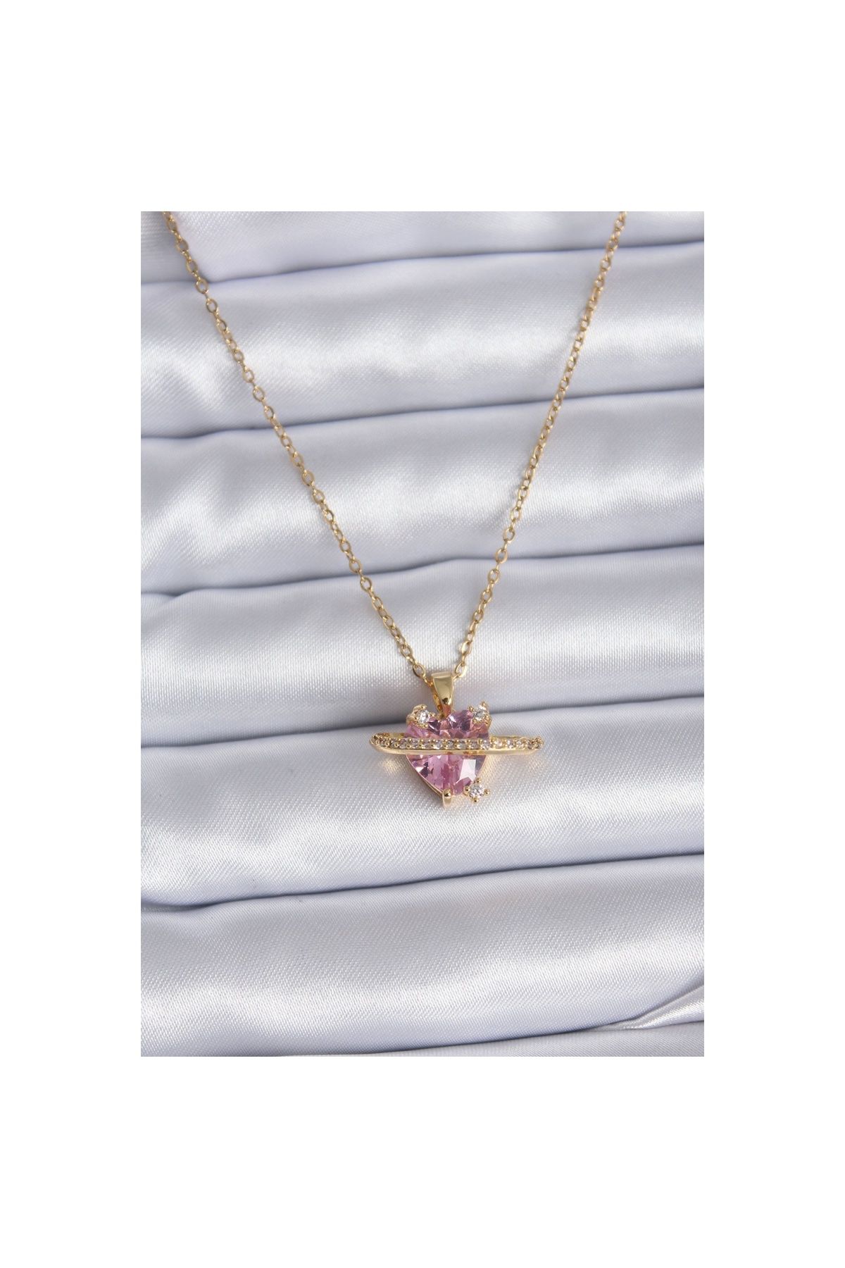 maarketim 316L Çelik Gold Renk Zincir Pembe Kristal Kalp Model Zirkon Taş Detay Kadın Kolye