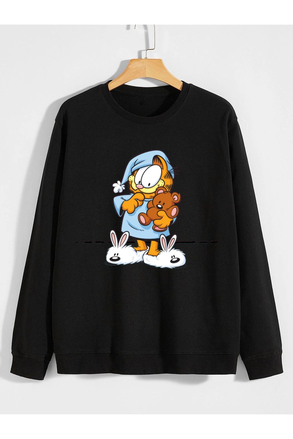 karikatürstore pijamalı kedi garfield çizgi film baskılı 0 yaka (bisiklet yaka) sweatshirt