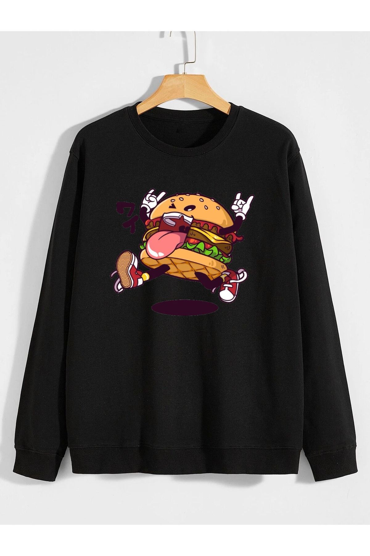 karikatürstore hamburger baskılı 0 yaka (bisiklet yaka) sweatshirt