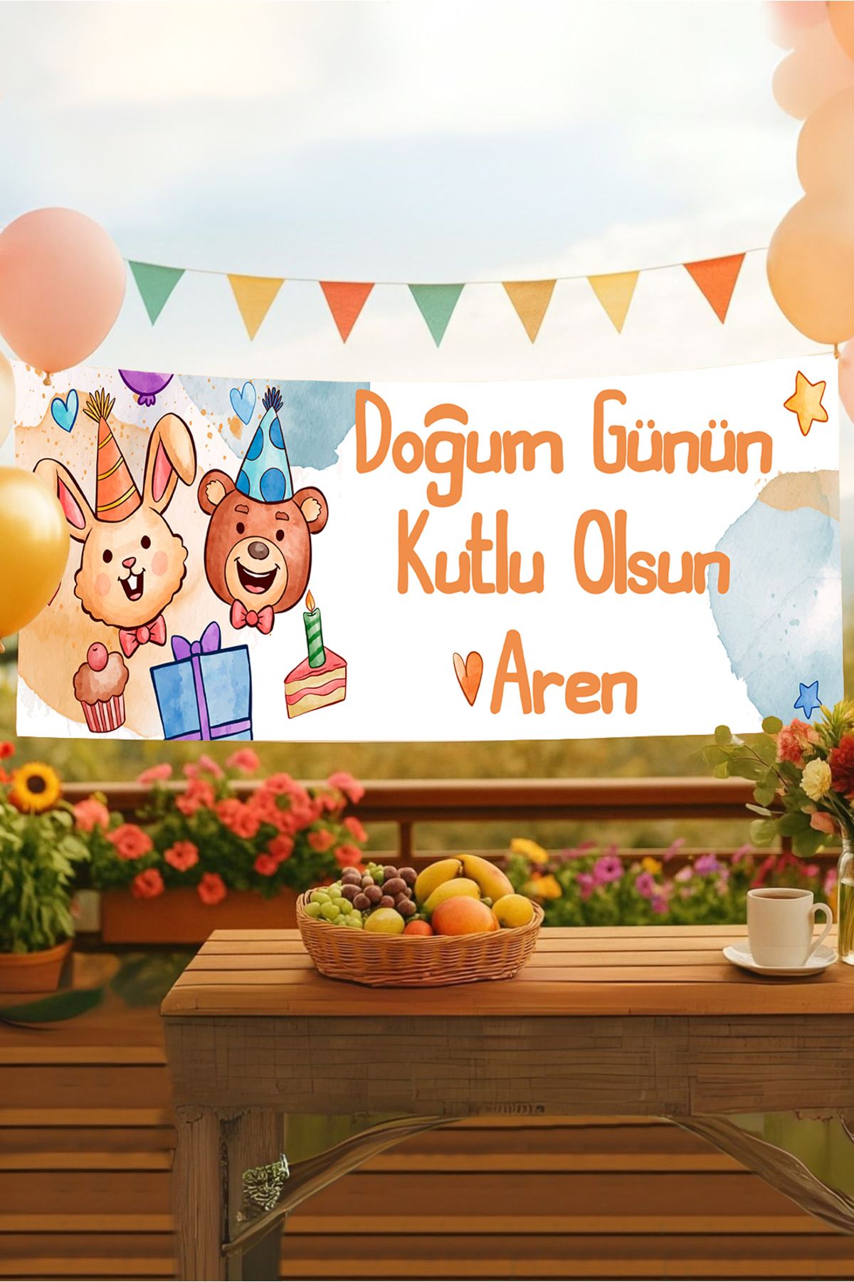 Postermanya Tavşan Ayı İsimli Doğum Günü Pankartı, Doğum Günü Afişi, Çocuk, Bebek Doğum Günü Konsepti 50x150cm