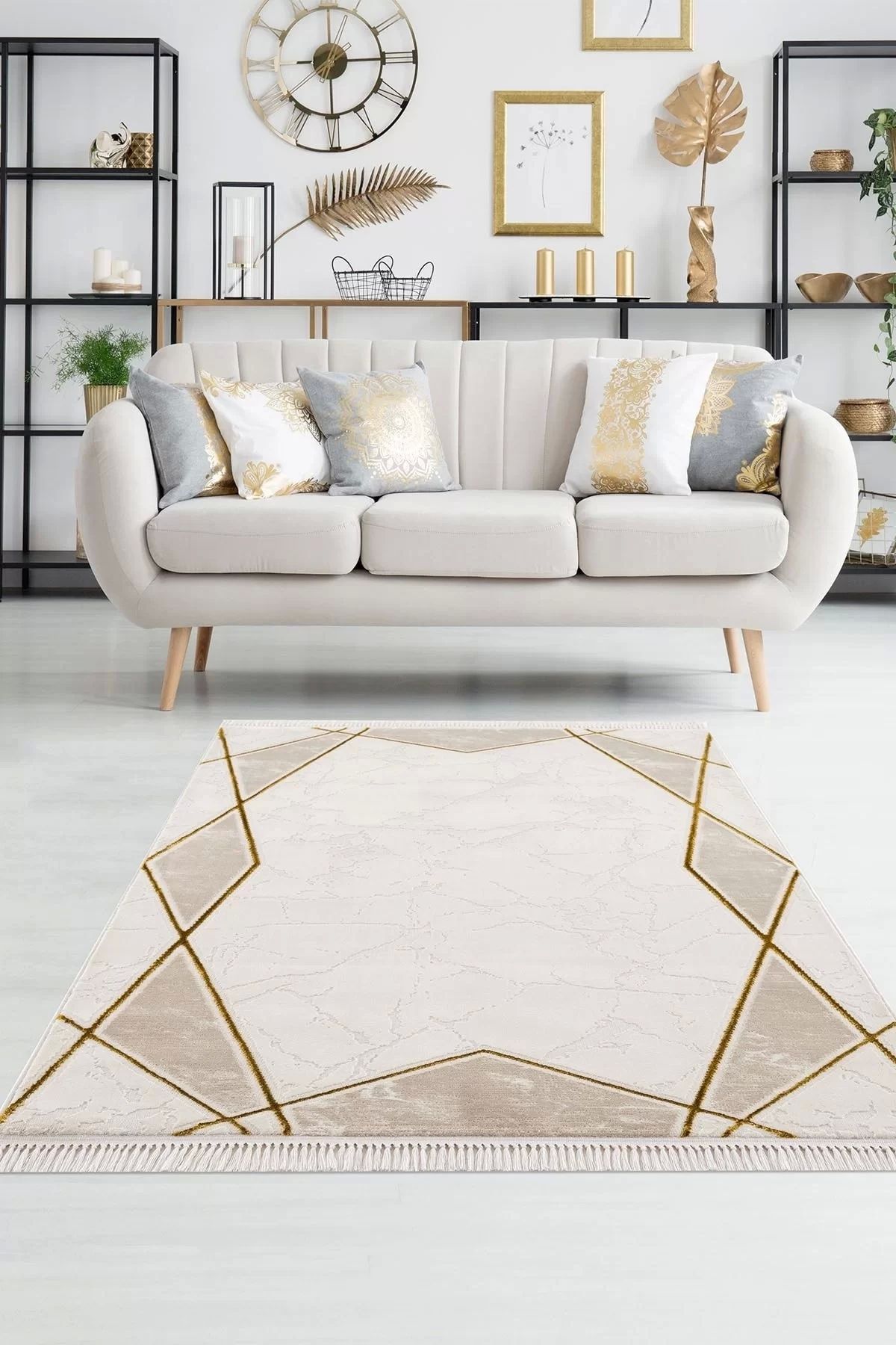 PetraHomeLiving Efsun Modern Salon ve Oturma Odası Halısı - Krem Gold