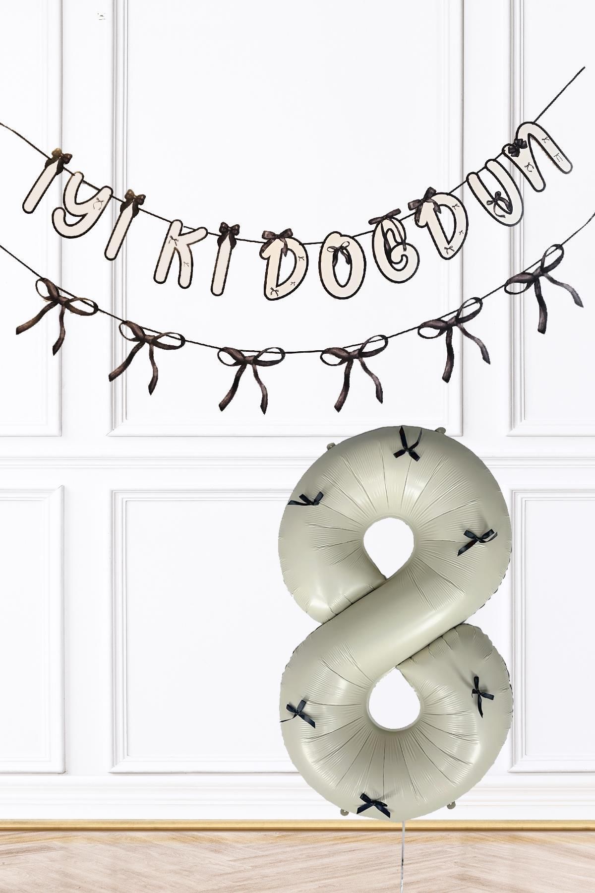 PEKSHOP Siyah Fiyonk Konsept Banner ve Yaş Balonlu Doğum Günü Balon Seti