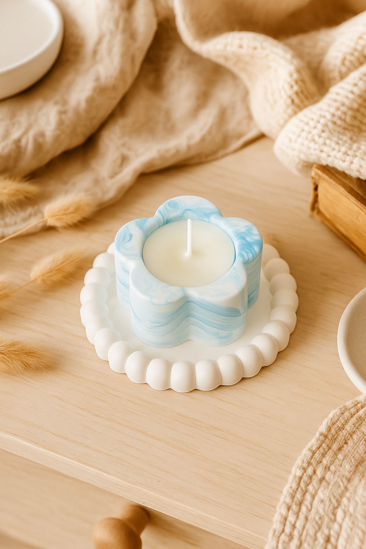 KASHERA Çiçek Şekilli Bebe Mavi Mermer Mum 2'li Set – Taş Bubble Tabanlı Dekoratif & El Yapımı