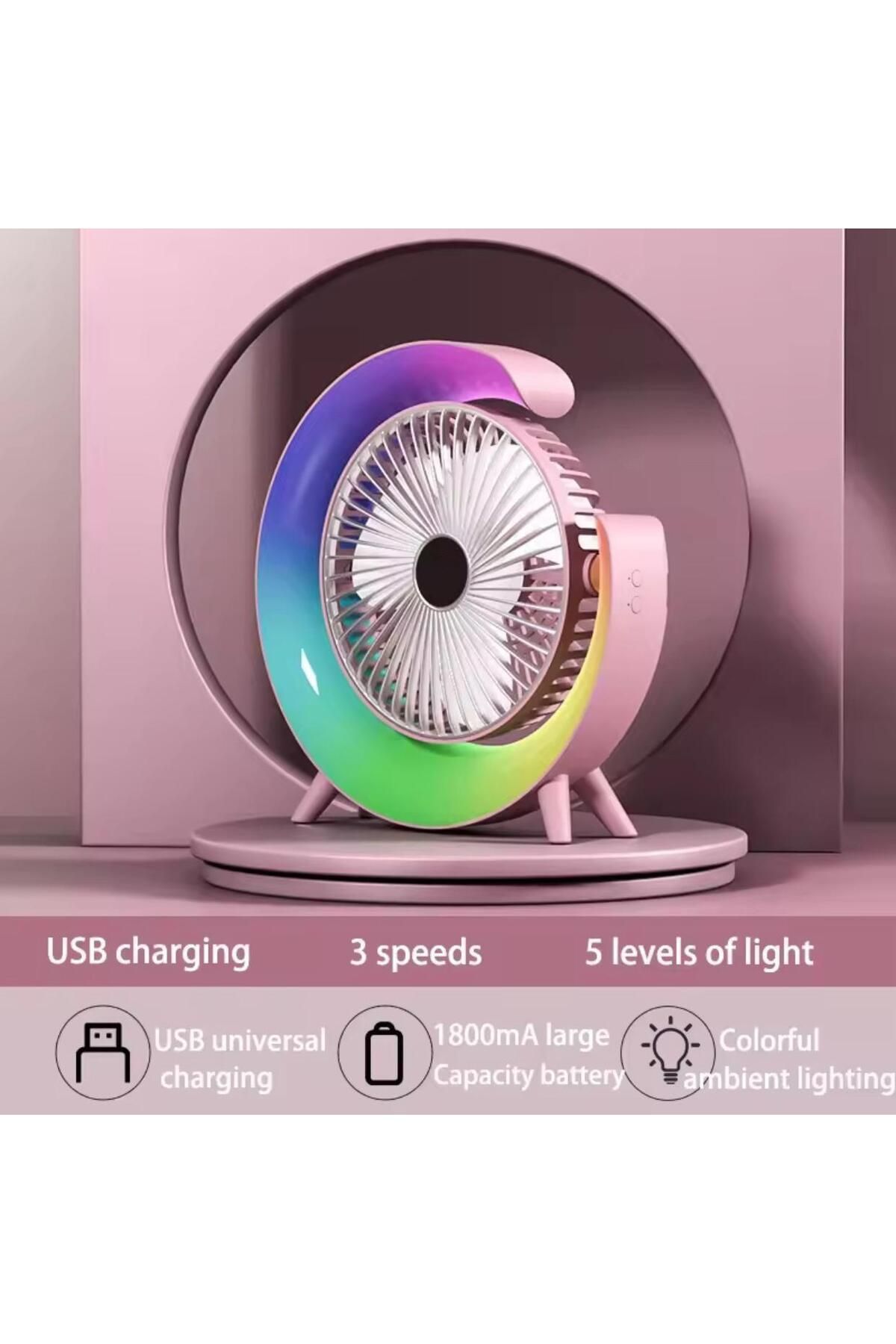 fortrek USB Şarj Edilebilir Fan LED 7 Renkli Döner Başlıklı