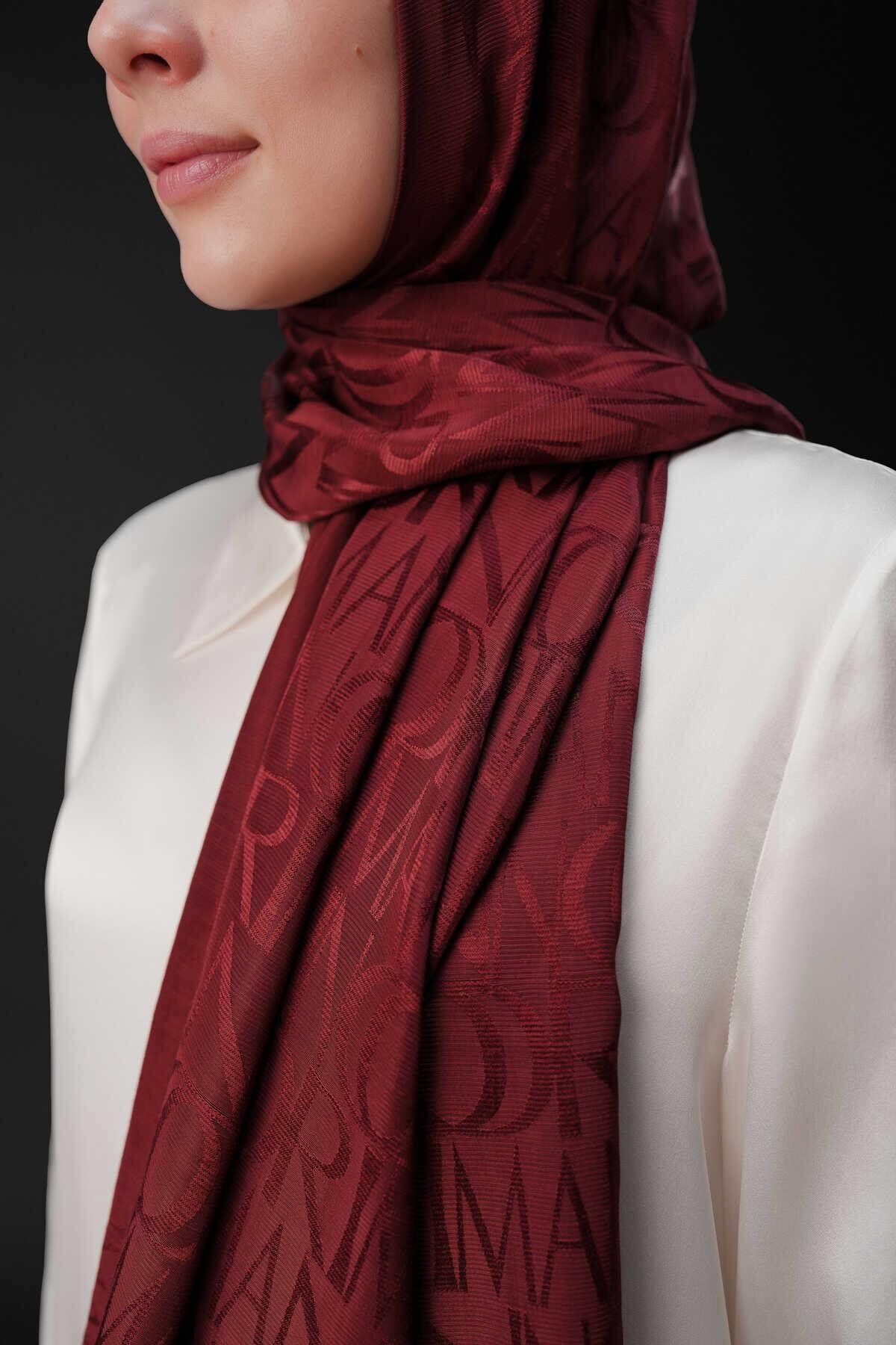 Imannoor İmannoor Monogram Shiny Jakar Şal Bordo