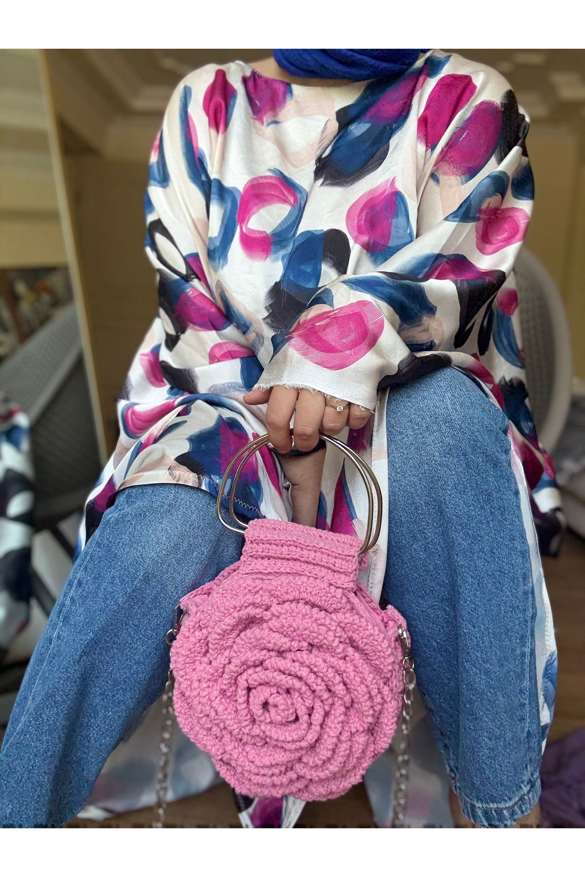 simarikcraft El Yapımı Gül Motifli Pembe Makrome Çanta – Zincir Askılı, Çıtçıt Kapamalı