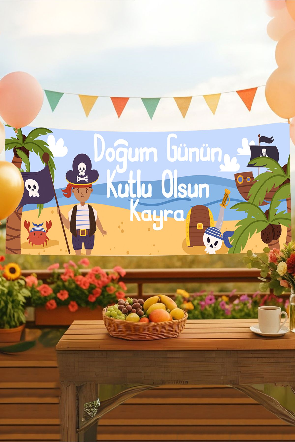 Postermanya Korsan İsimli Doğum Günü Pankartı, Doğum Günü Afişi, Erkek Çocuk, Bebek Doğum Günü Konsepti 50x150cm