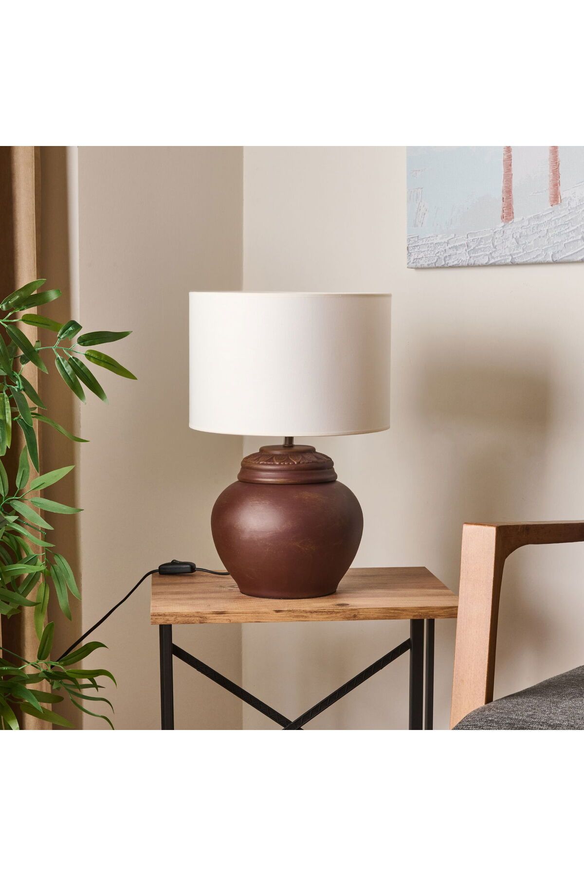 ASPARTAM Lighting Çiçekli Kapaklı Abajur - Kahverengi / Krem - 50 cm
