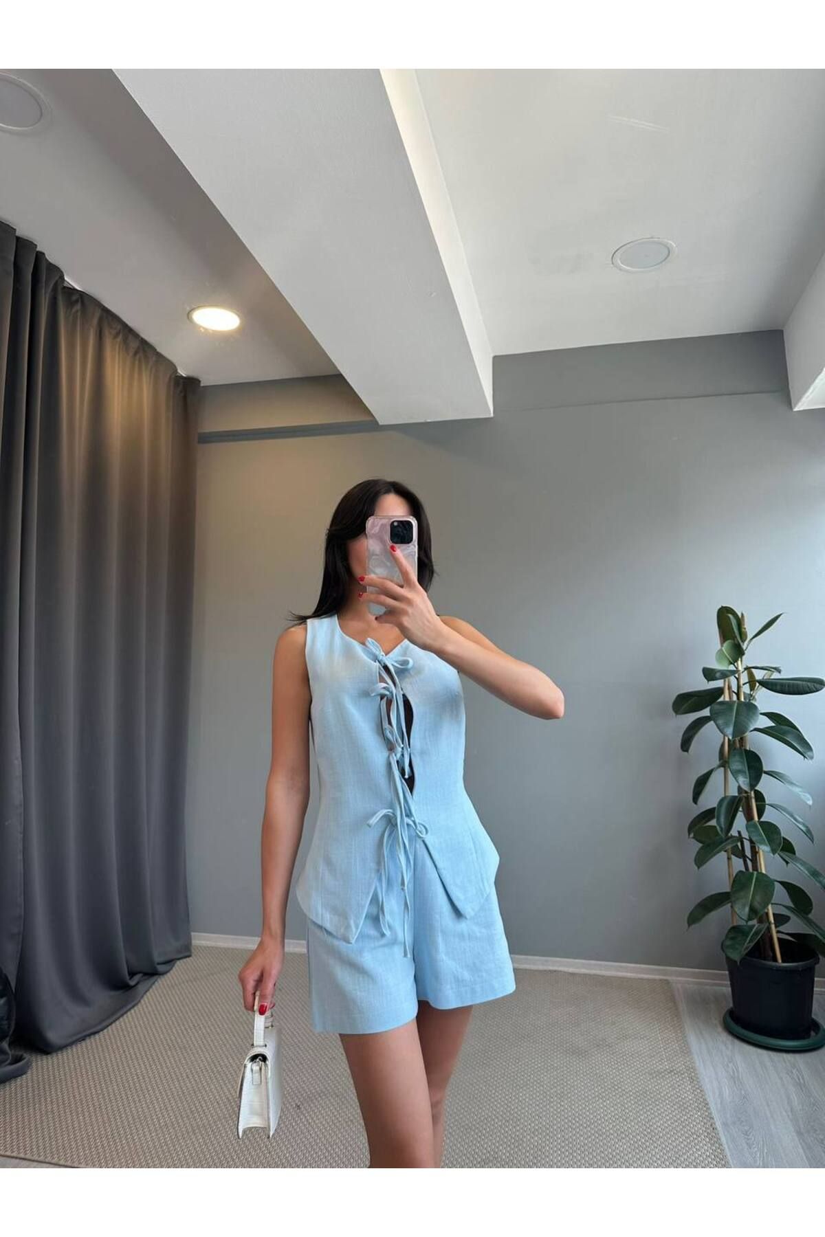 BOUQUET OF TULİP Keten Bağcıklı Sıfır Kollu Bluz Şort Takım
