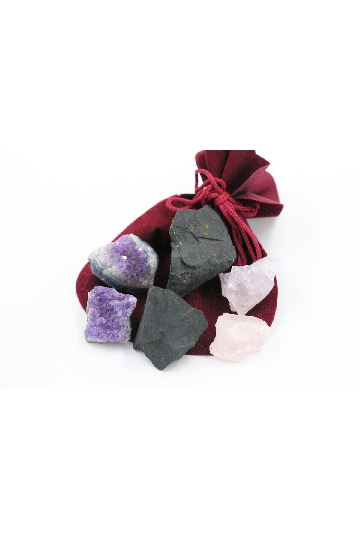 Elioure Doğal Taş Seti, Ametist, Pembe Kuvars Ve Shungite, 15/25gr, 3'lü Paket
