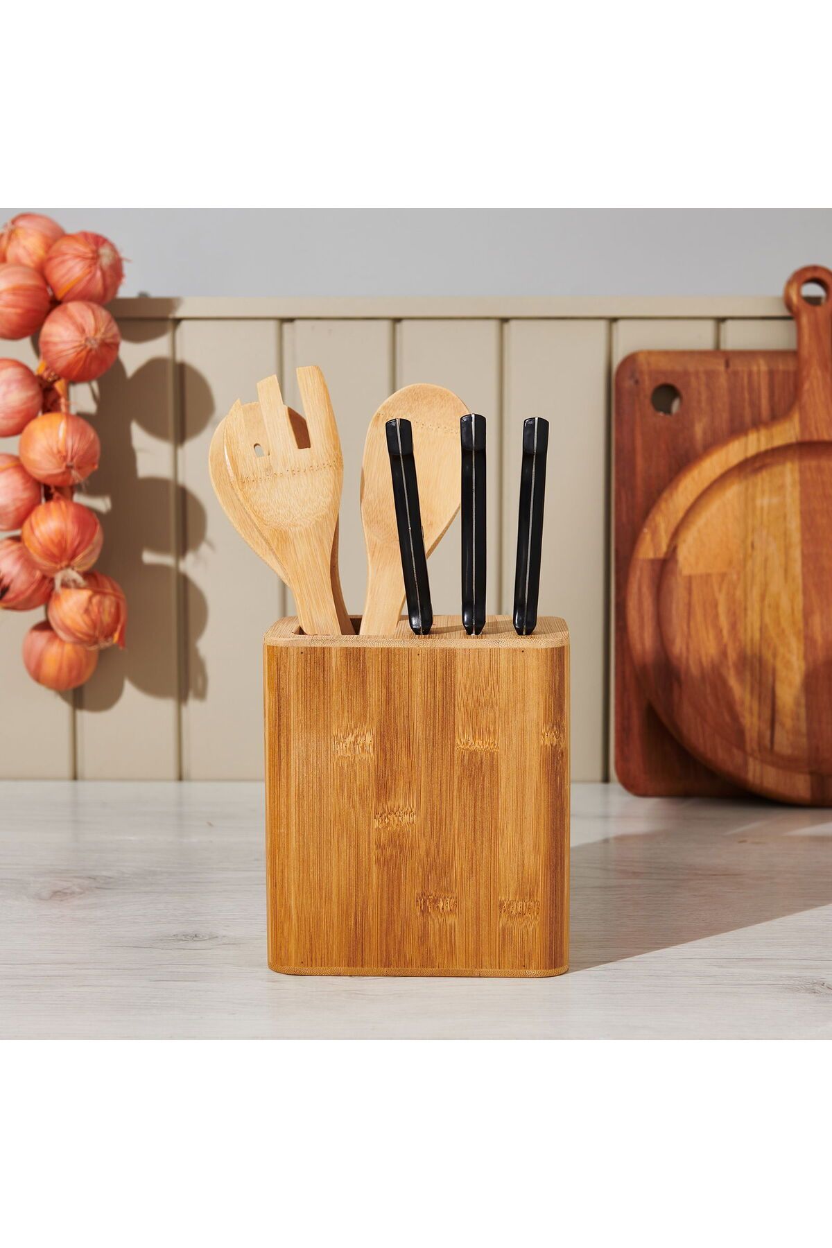 ASPARTAM Bambu Çatal Bıçak Kaşık Standı - Kahverengi - 15x17 cm
