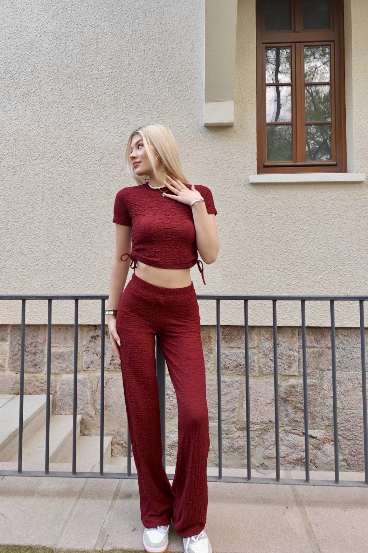 MOZENA Yanları Büzgülü Gofre Kumaş Pantolon Crop Takım
