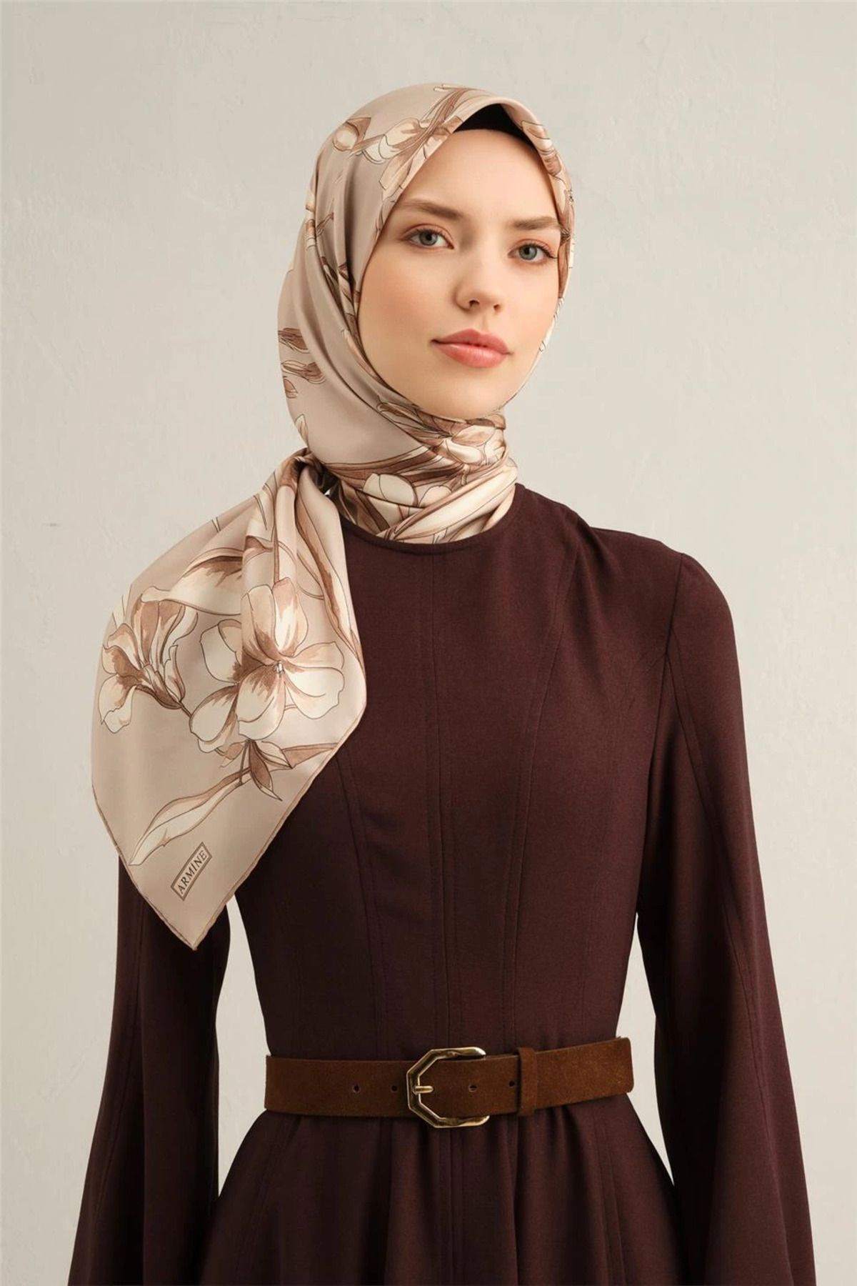 Armine Çiçek Desenli Saf İpek Sura Eşarp 9304 90 x 90 Vizon - 32