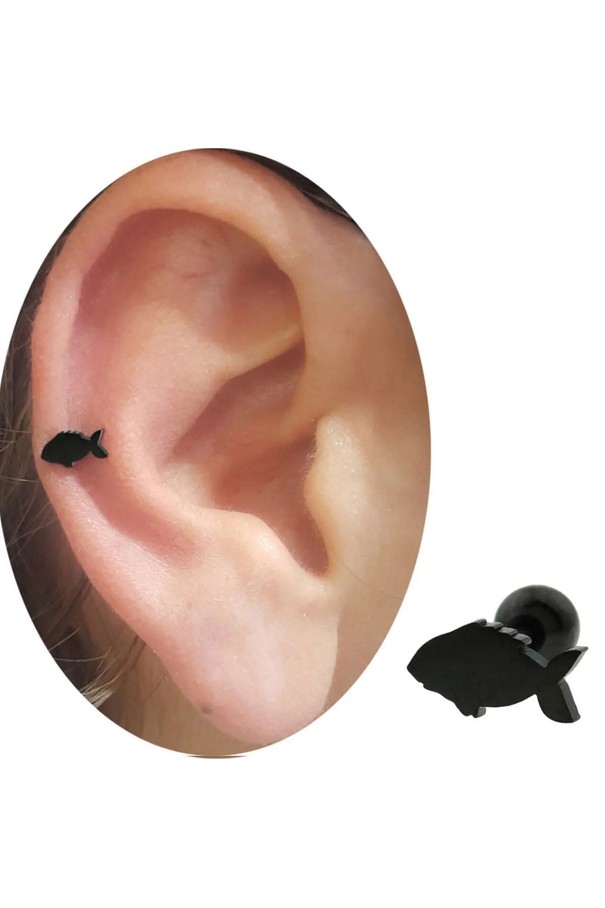 Cadının Dükkanı Çelik Siyah Balık Tragus Helix Kıkırdak Piercing
