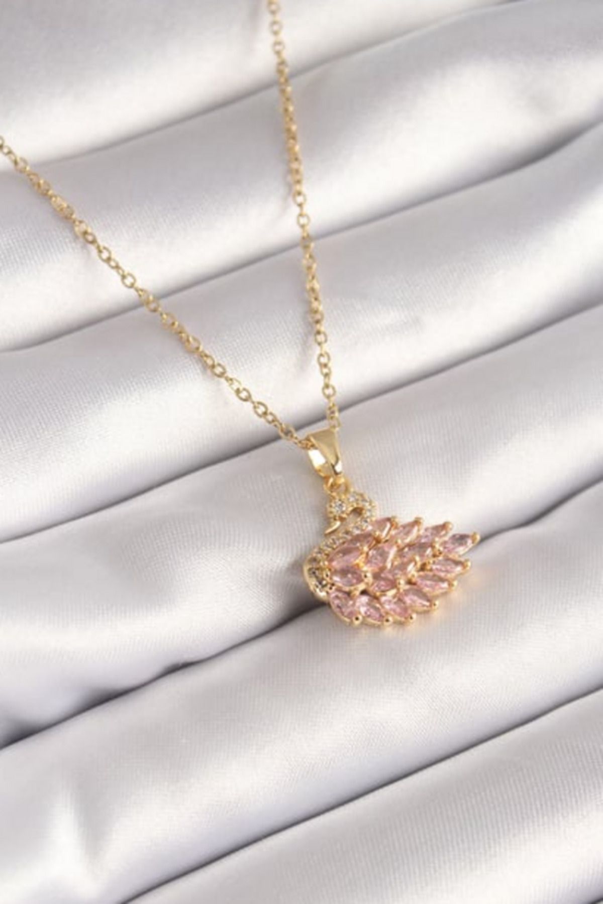 monza Pembe Zirkon Taşlı Çelik Kuğu Kolye