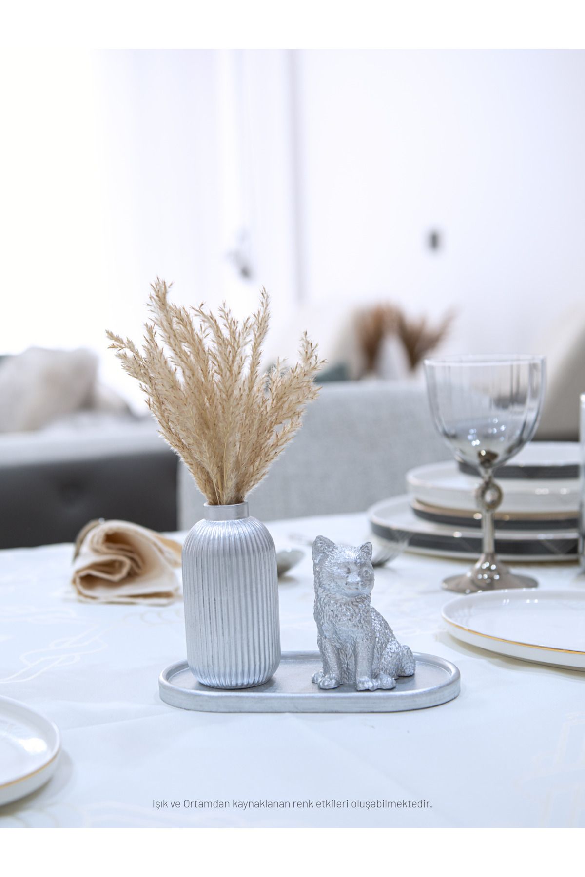 CreOr Silver Collection - Dekoratif 2'li Set - Tüylük & Kedi Figürü