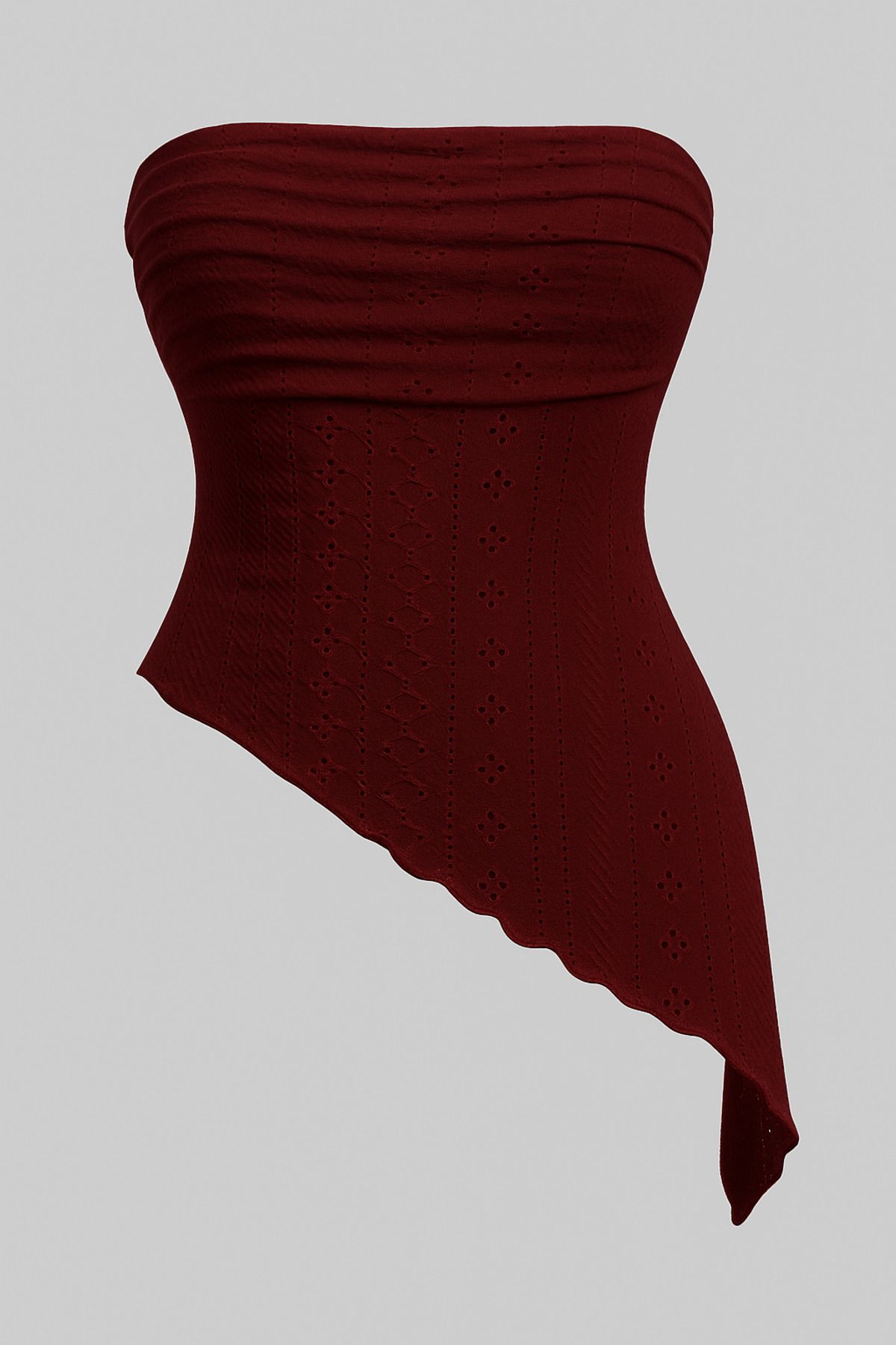 Marin Star Bordo Asimetrik Nakış Desenli Straplez, Yazlık Nakış Desenli Likralı Bordo Bluz, Bordo Dantelli Crop