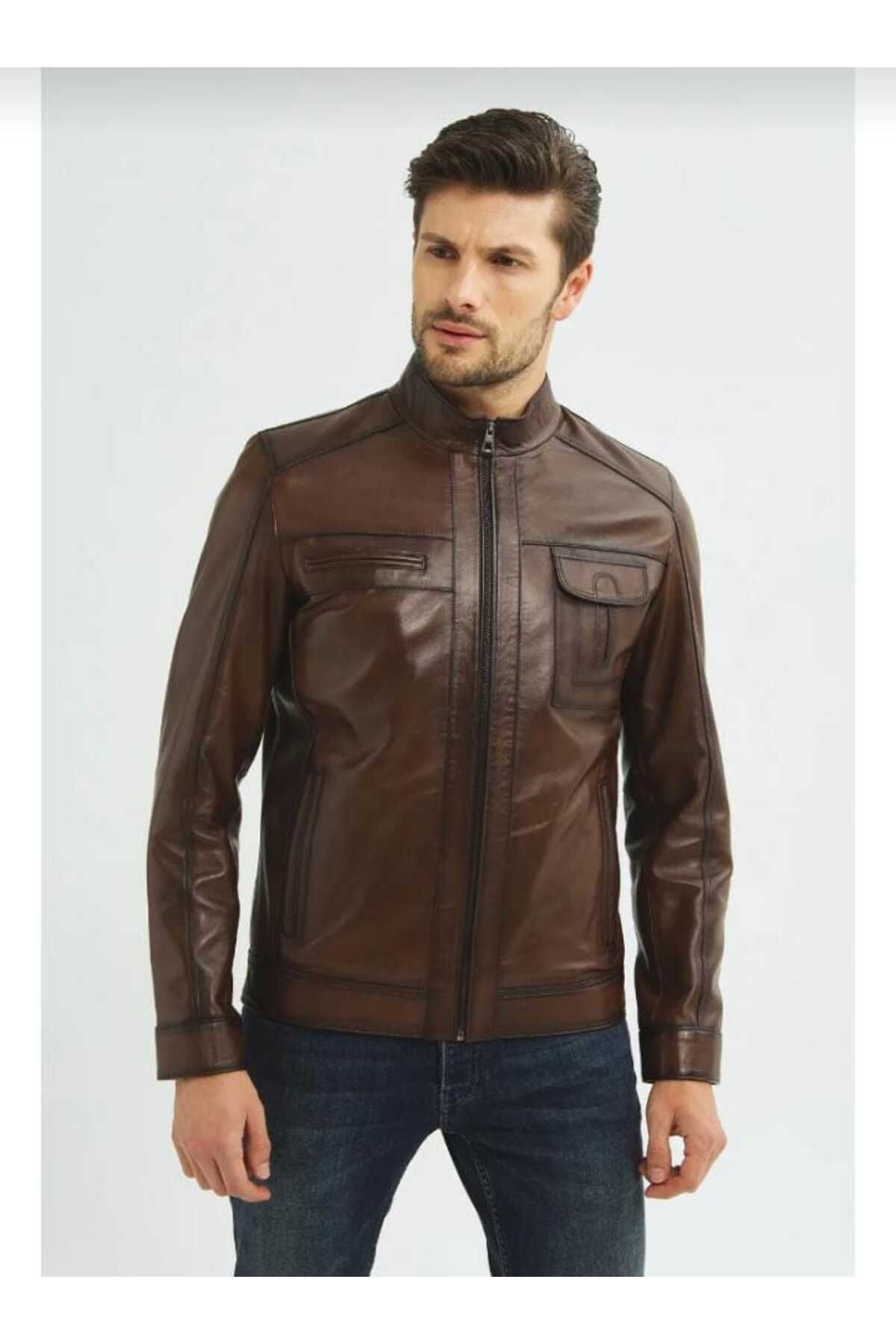 MİRENA LEATHER Erkek Kahverengi Cepli Hakiki Deri Ceket