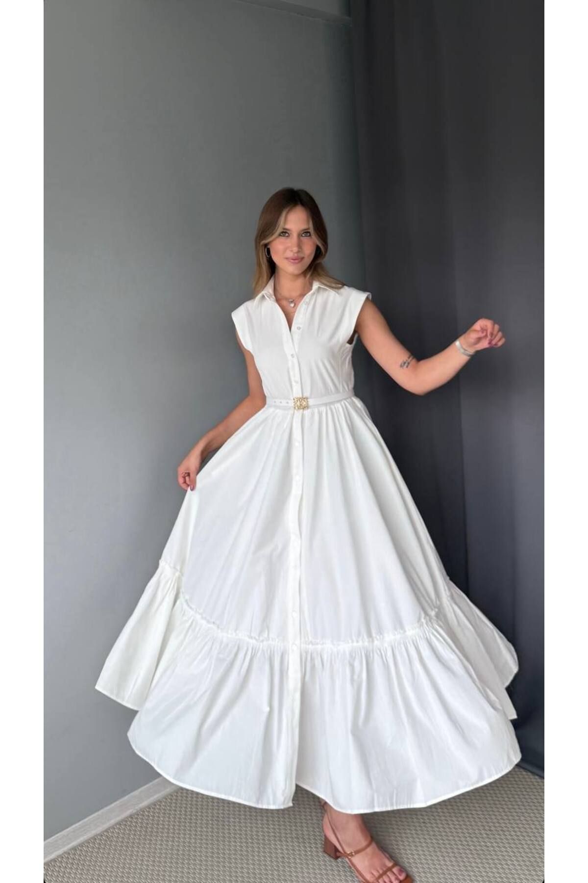 BOUQUET OF TULİP Kendinden Kemer Sıfır Kollu Gömlek Elbise
