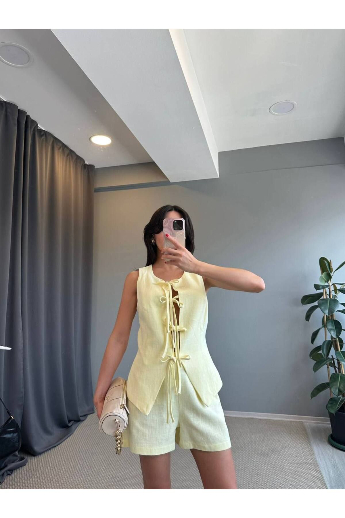 BOUQUET OF TULİP Keten Bağcıklı Sıfır Kollu Bluz Şort Takım