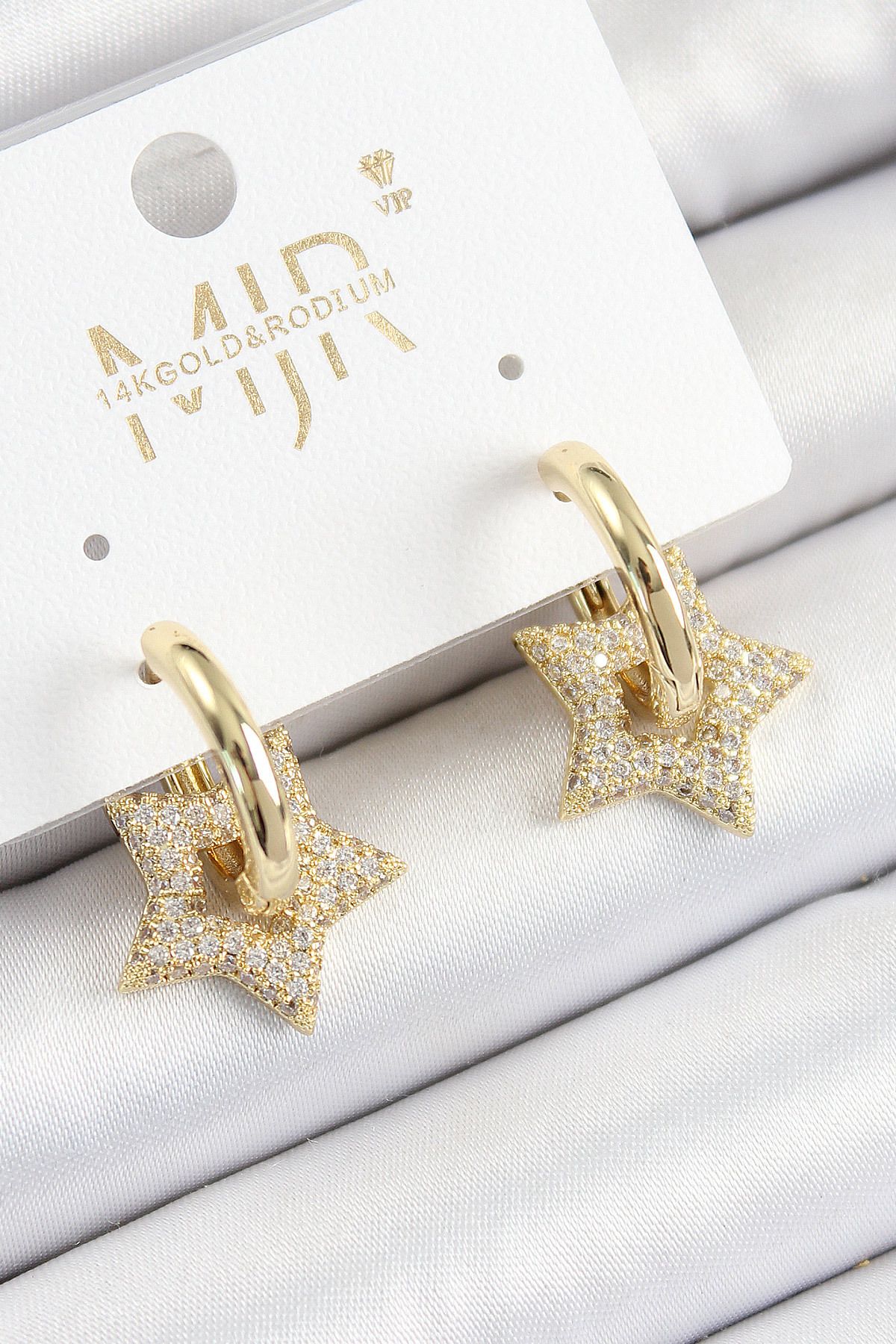 LovelymCo Pirinç Zirkon Taşlı Yıldız Figürlü Halka Model Gold Renk Kadın Küpe - Lisinya