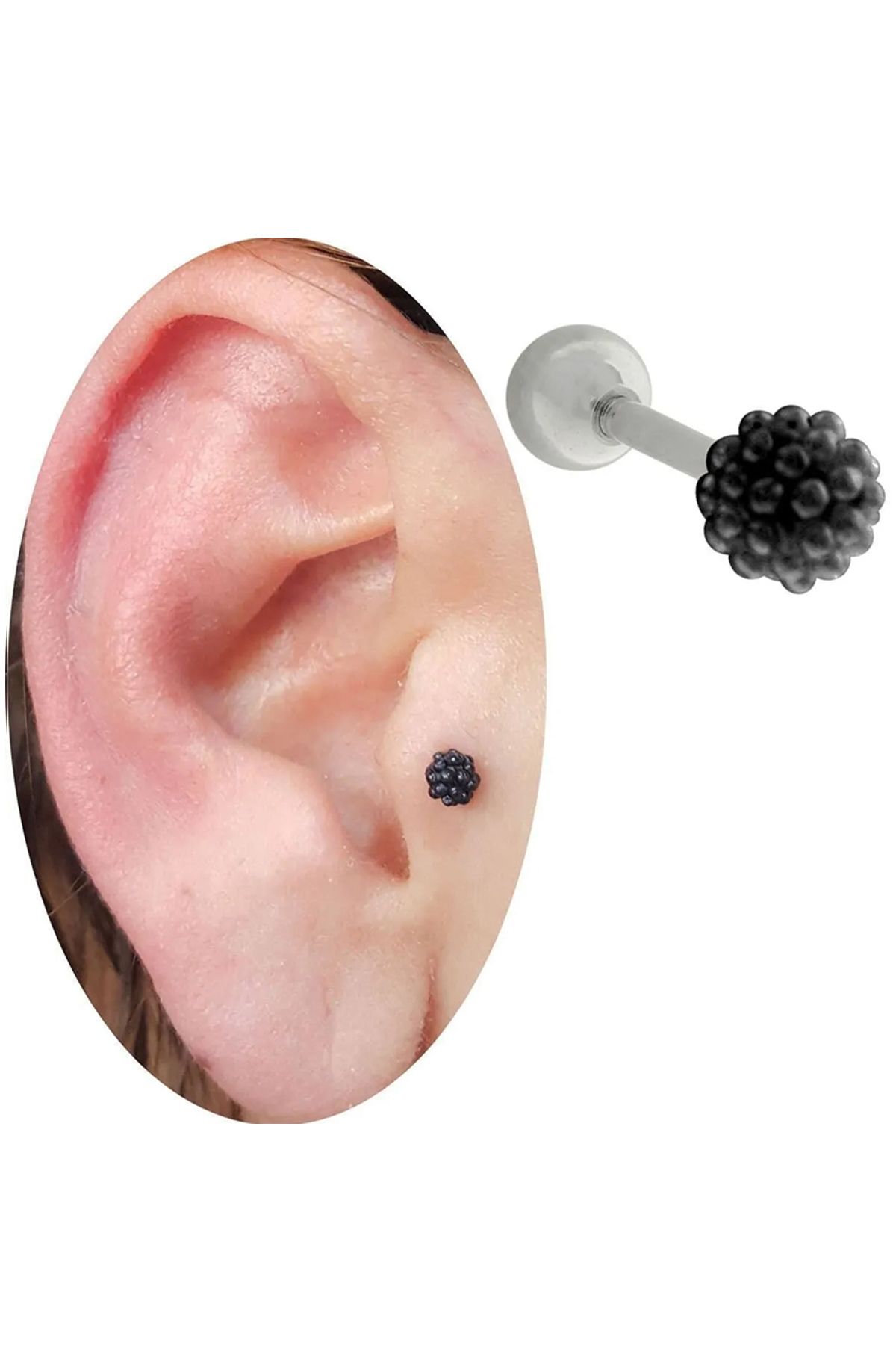Cadının Dükkanı Çelik Siyah İnci Tragus Helix Kıkırdak Piercing