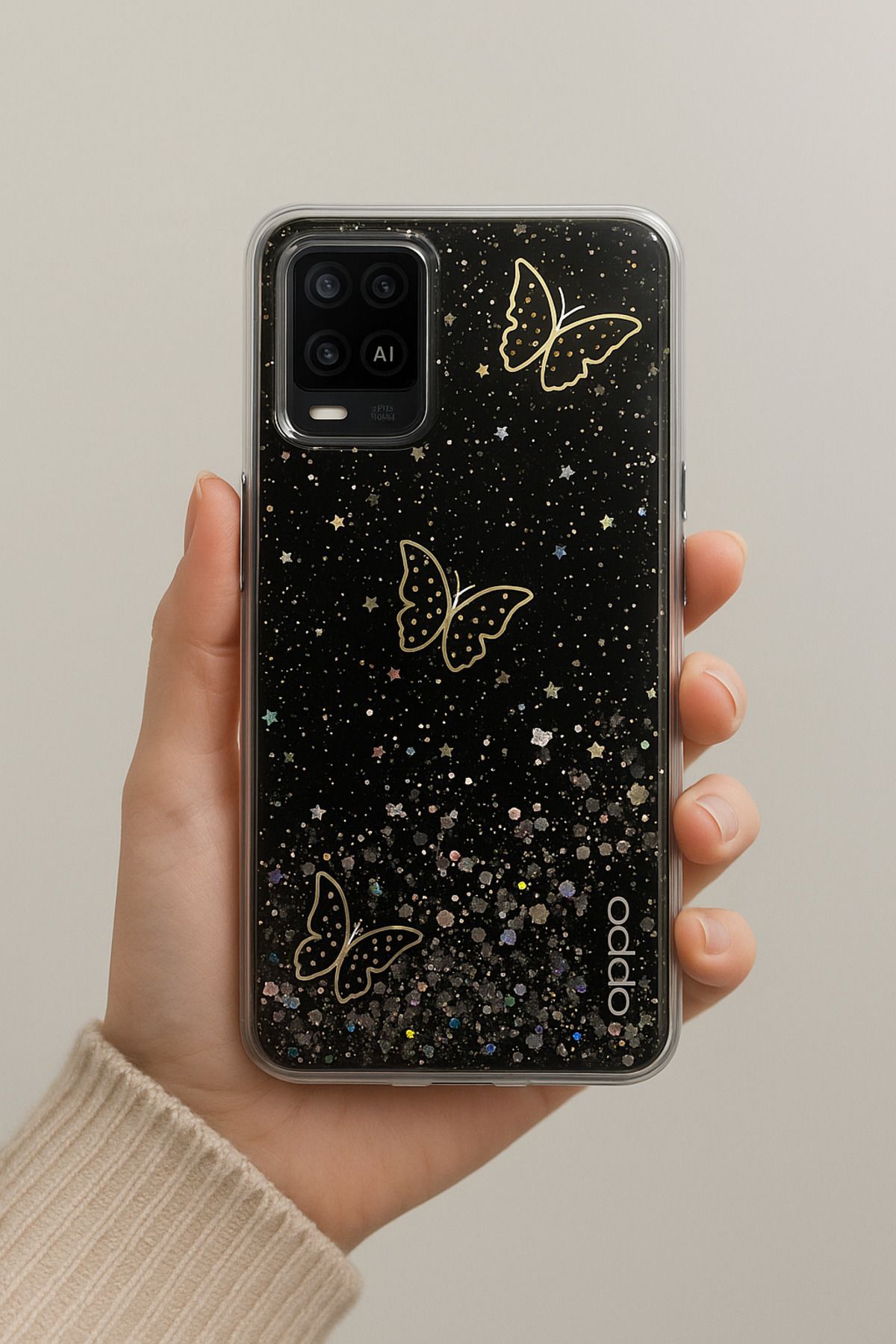 Rivor Oppo A16 & Oppo A54 & Oppo A55 5G Kılıf Kamera Çıkıntılı Simli 3D Kelebek Kabartmalı Desenli Kapak